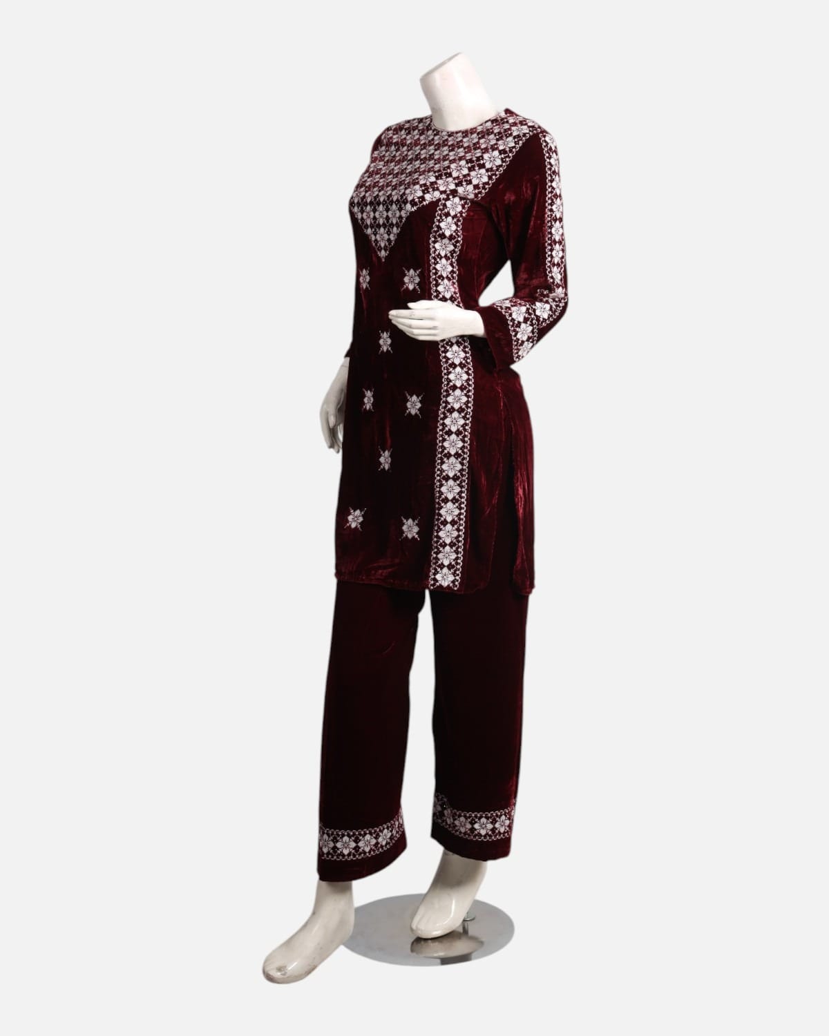 Maroon Velvet Embroidered Punjabi Suit