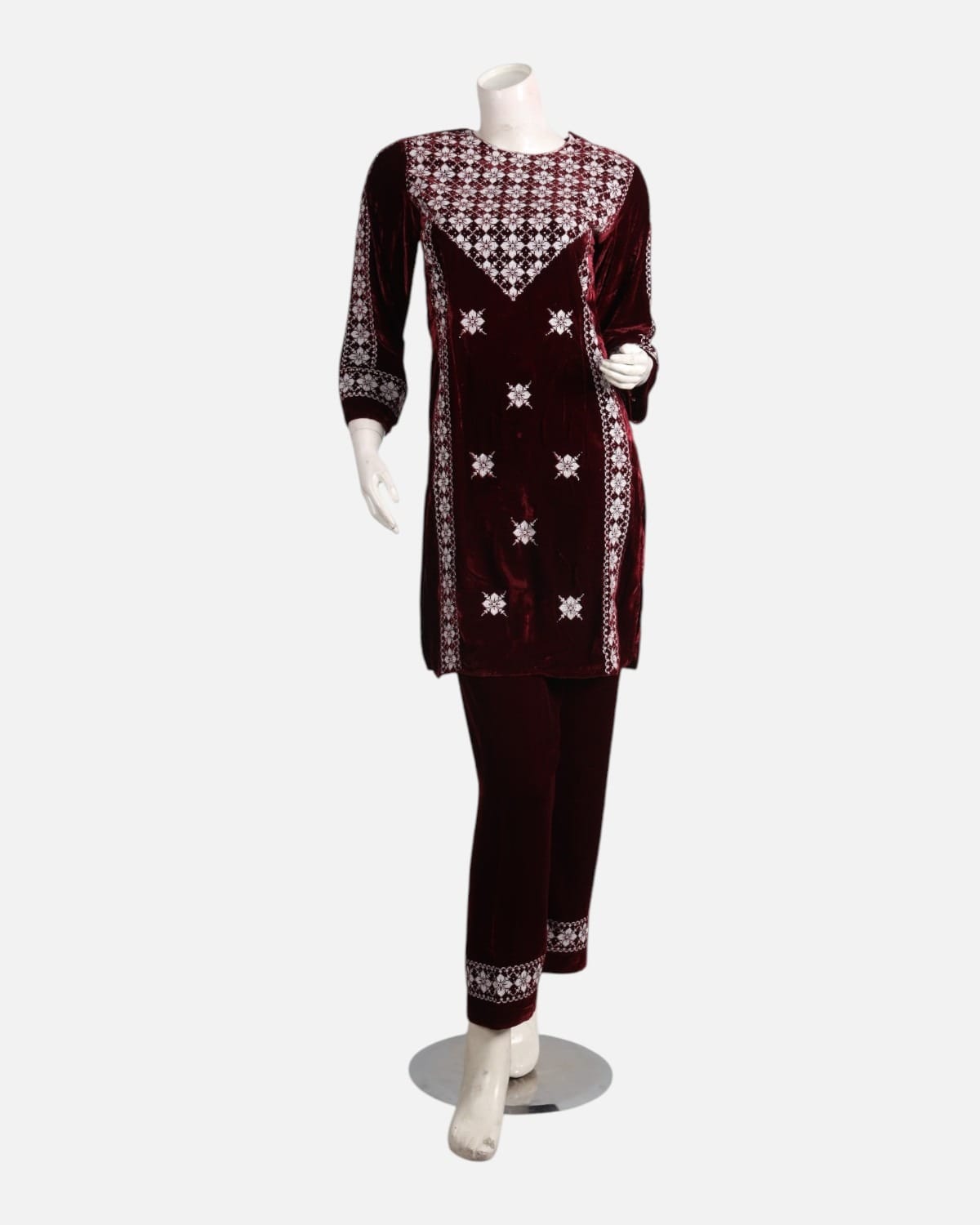 Maroon Velvet Embroidered Punjabi Suit