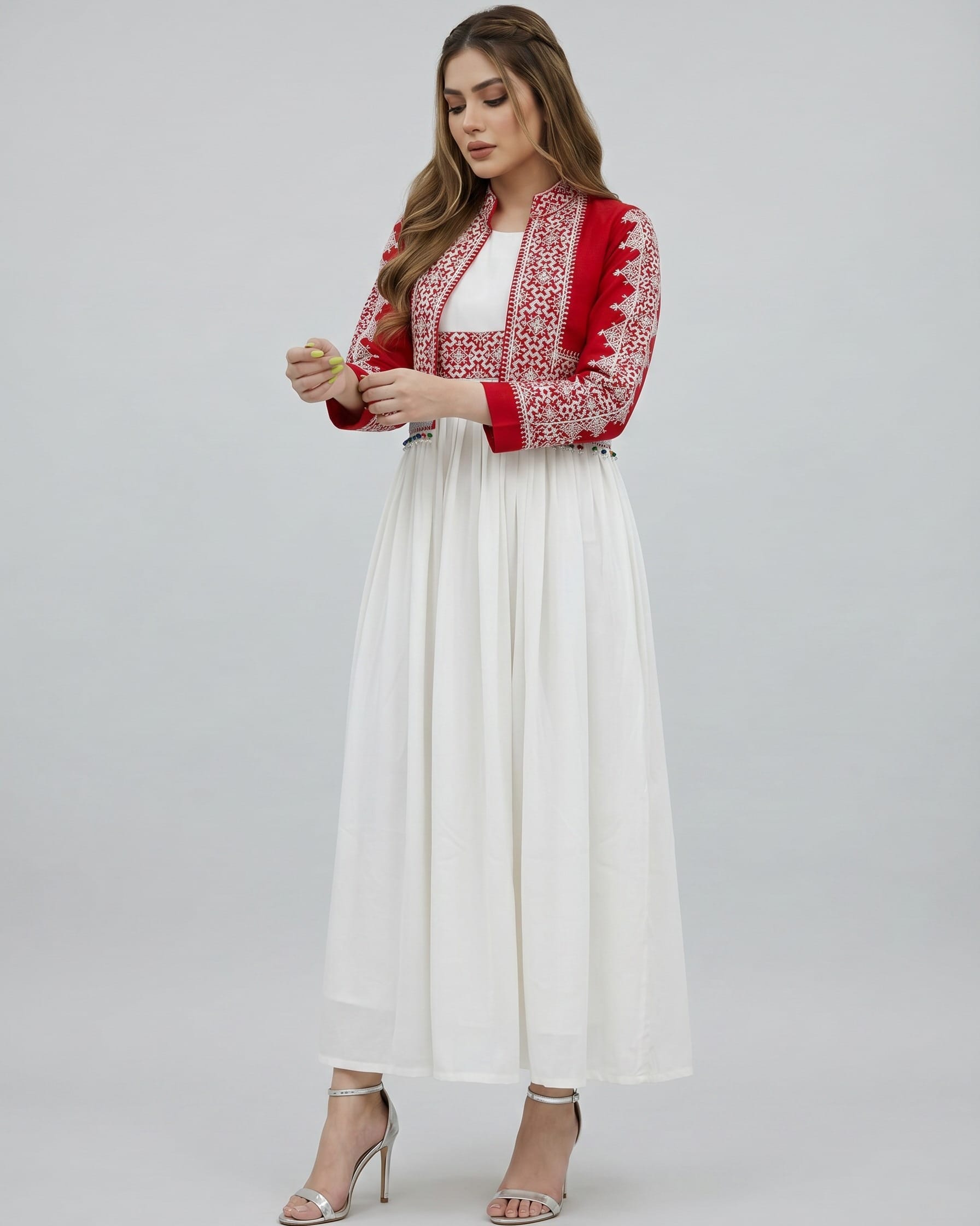 Women Dress White with Red Embroidered Vest