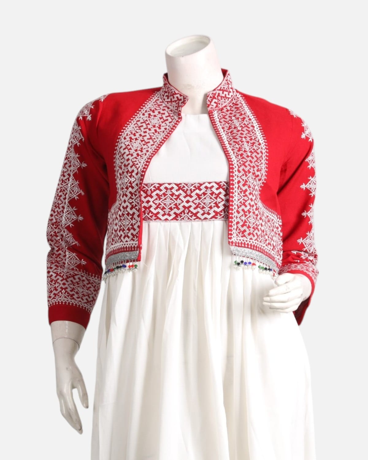 Women Dress White with Red Embroidered Vest