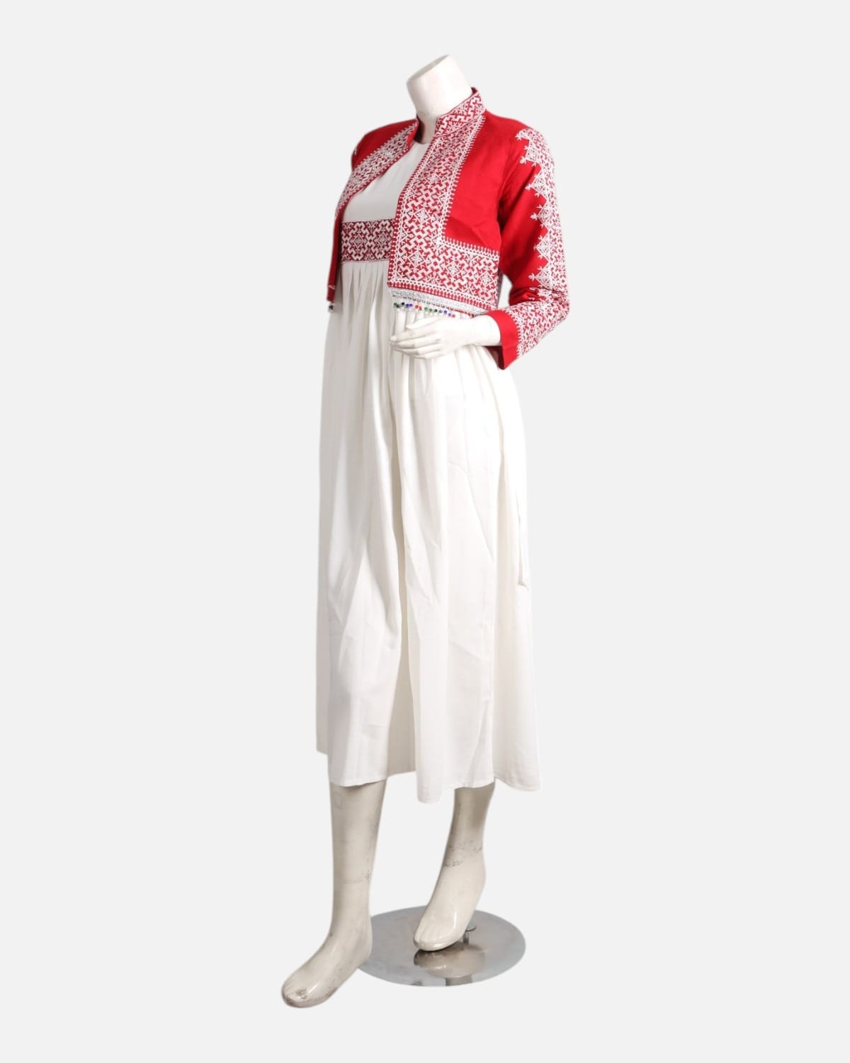 Women Dress White with Red Embroidered Vest