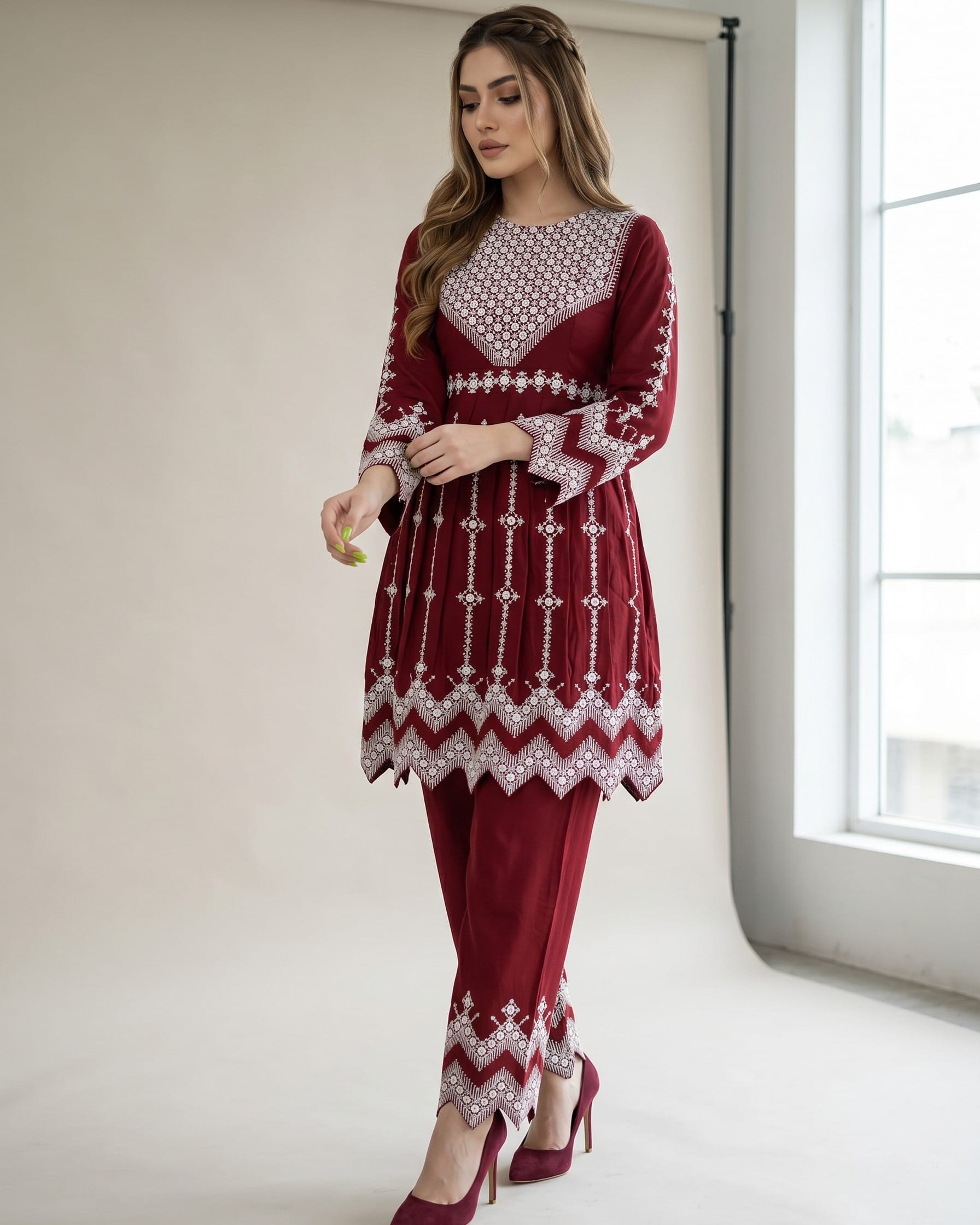 Glasswork Embroidered Two Piece Dress