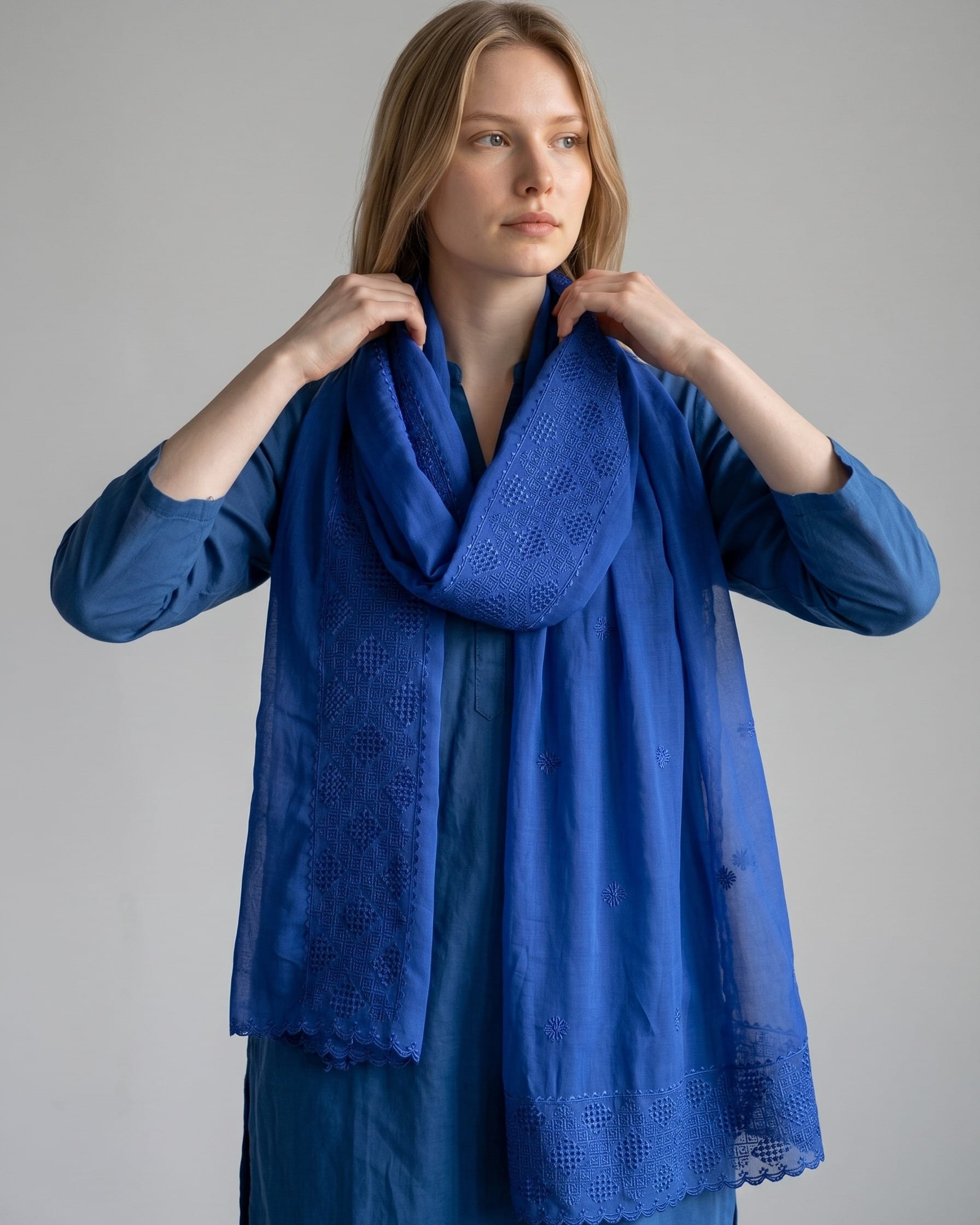 Royal Blue Embroidered Chiffon Scarf