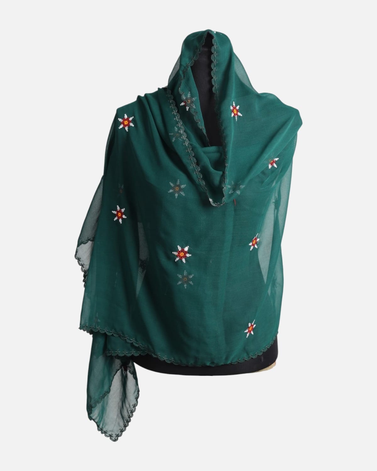 Dark Green Floral Embroidered Chiffon Scarf