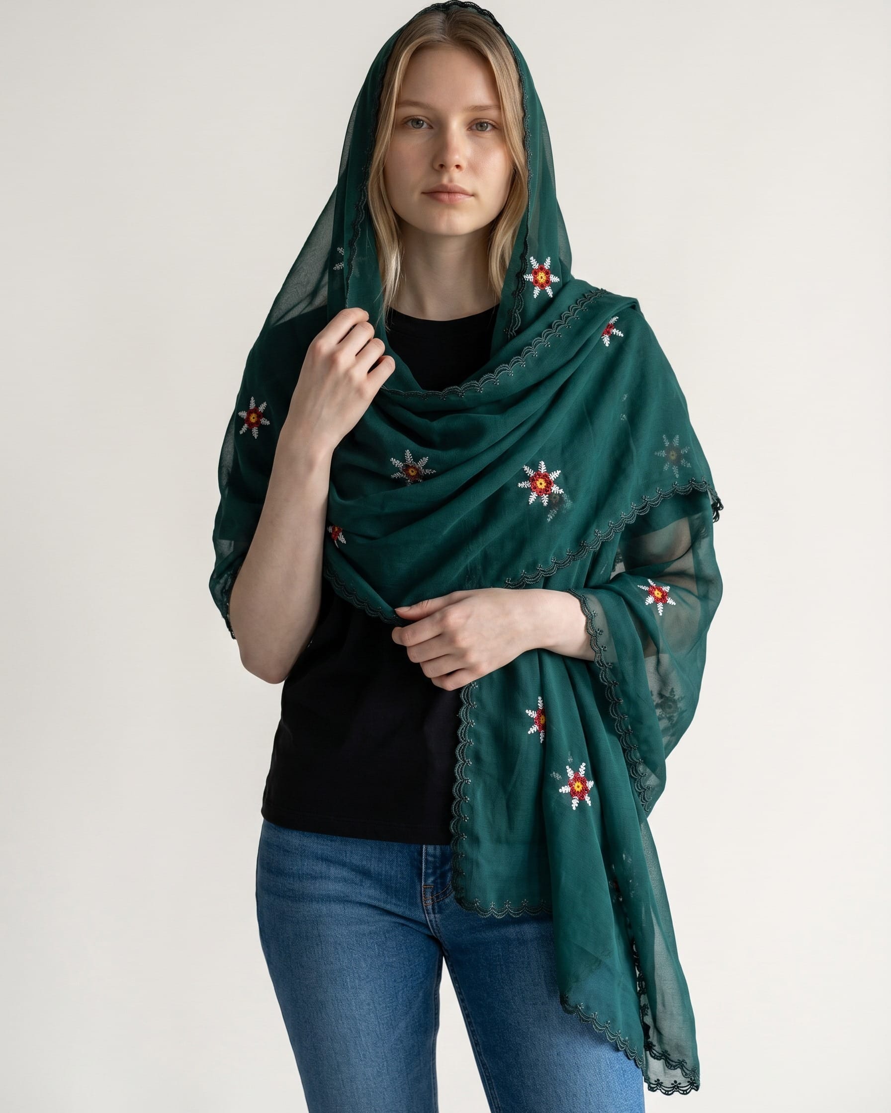 Dark Green Floral Embroidered Chiffon Scarf