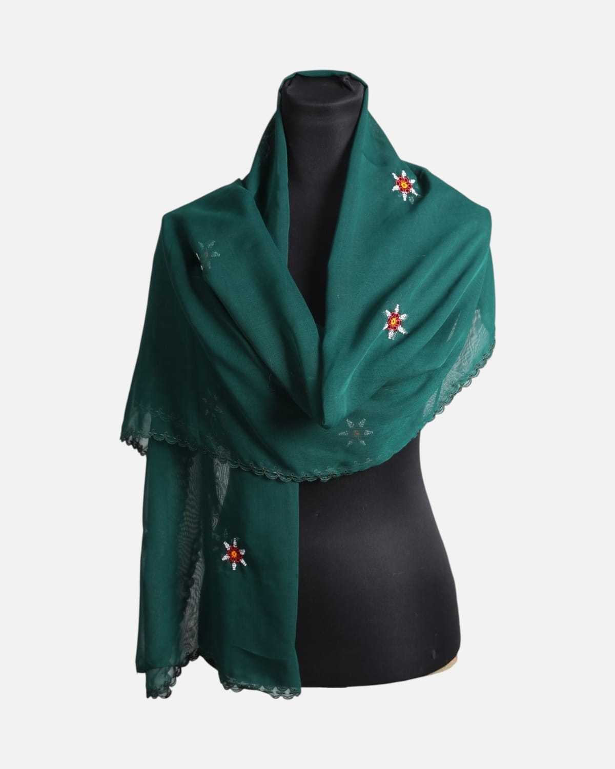 Dark Green Floral Embroidered Chiffon Scarf