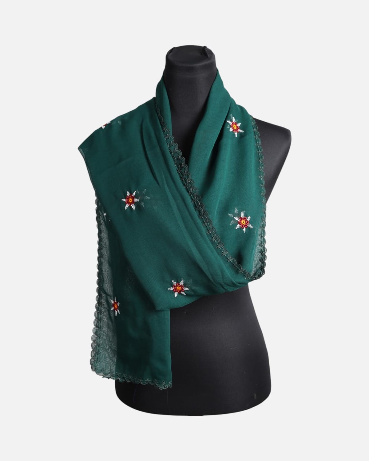 Dark Green Floral Embroidered Chiffon Scarf