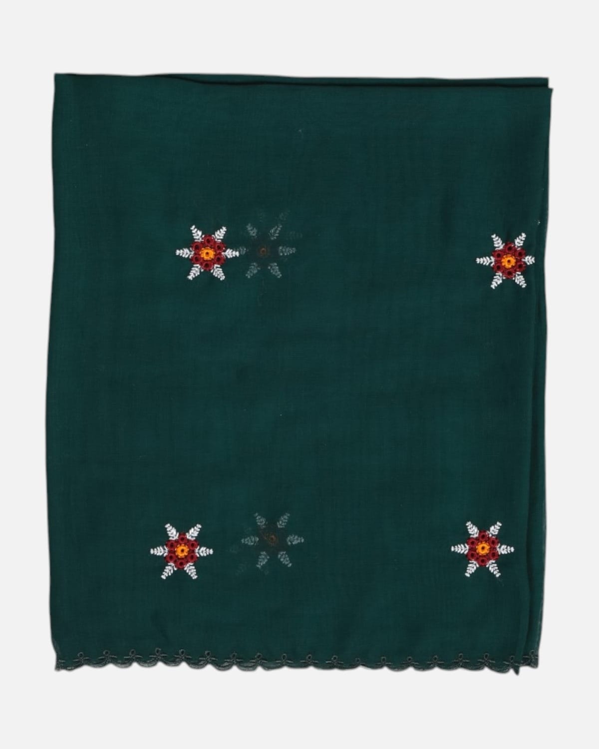Dark Green Floral Embroidered Chiffon Scarf