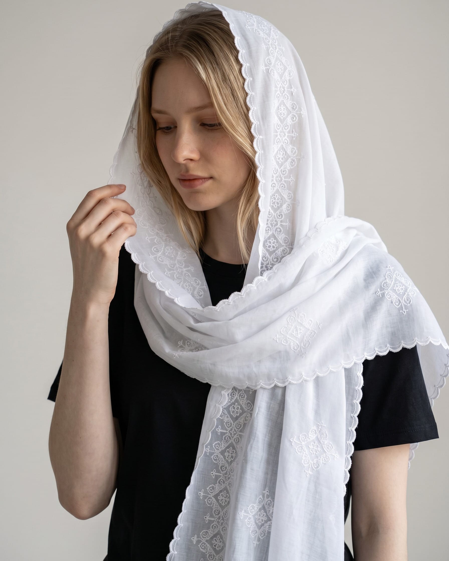 White Floral Embroidered Chiffon Scarf