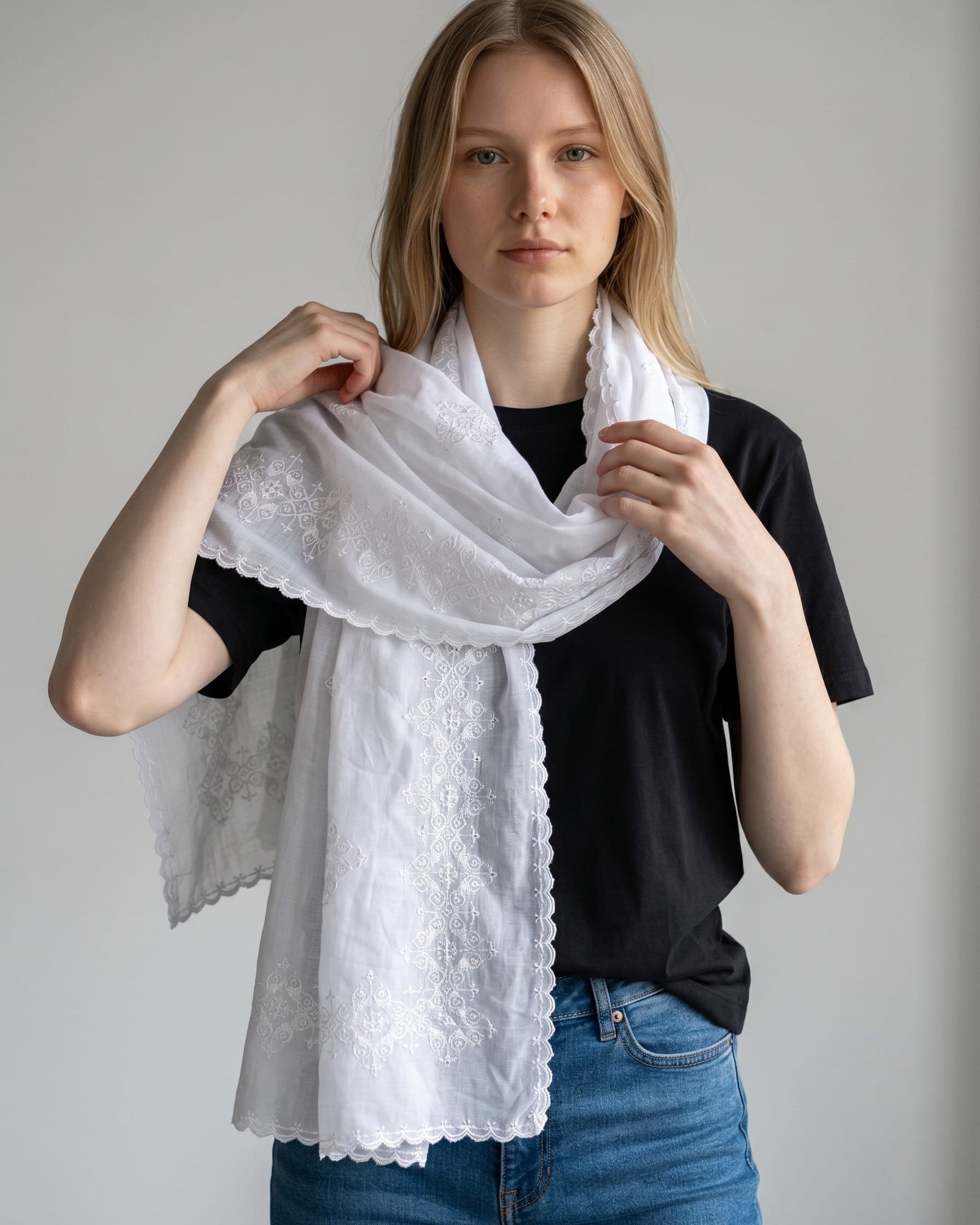 White Floral Embroidered Chiffon Scarf