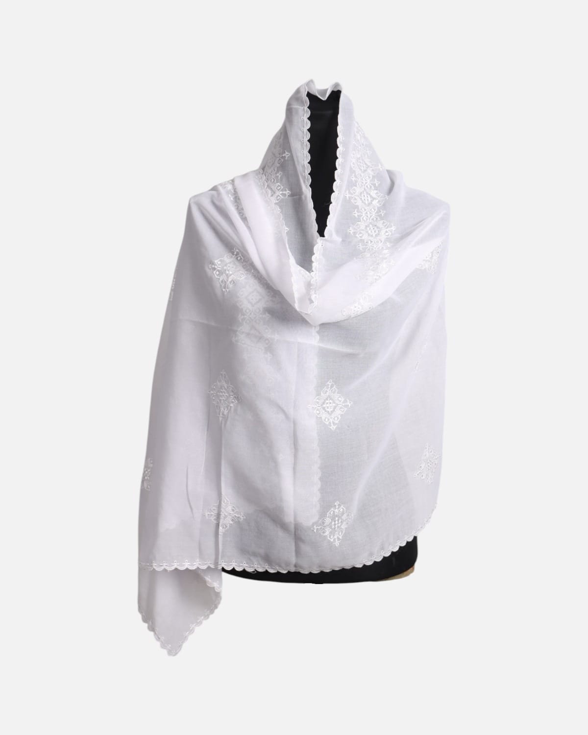 White Floral Embroidered Chiffon Scarf