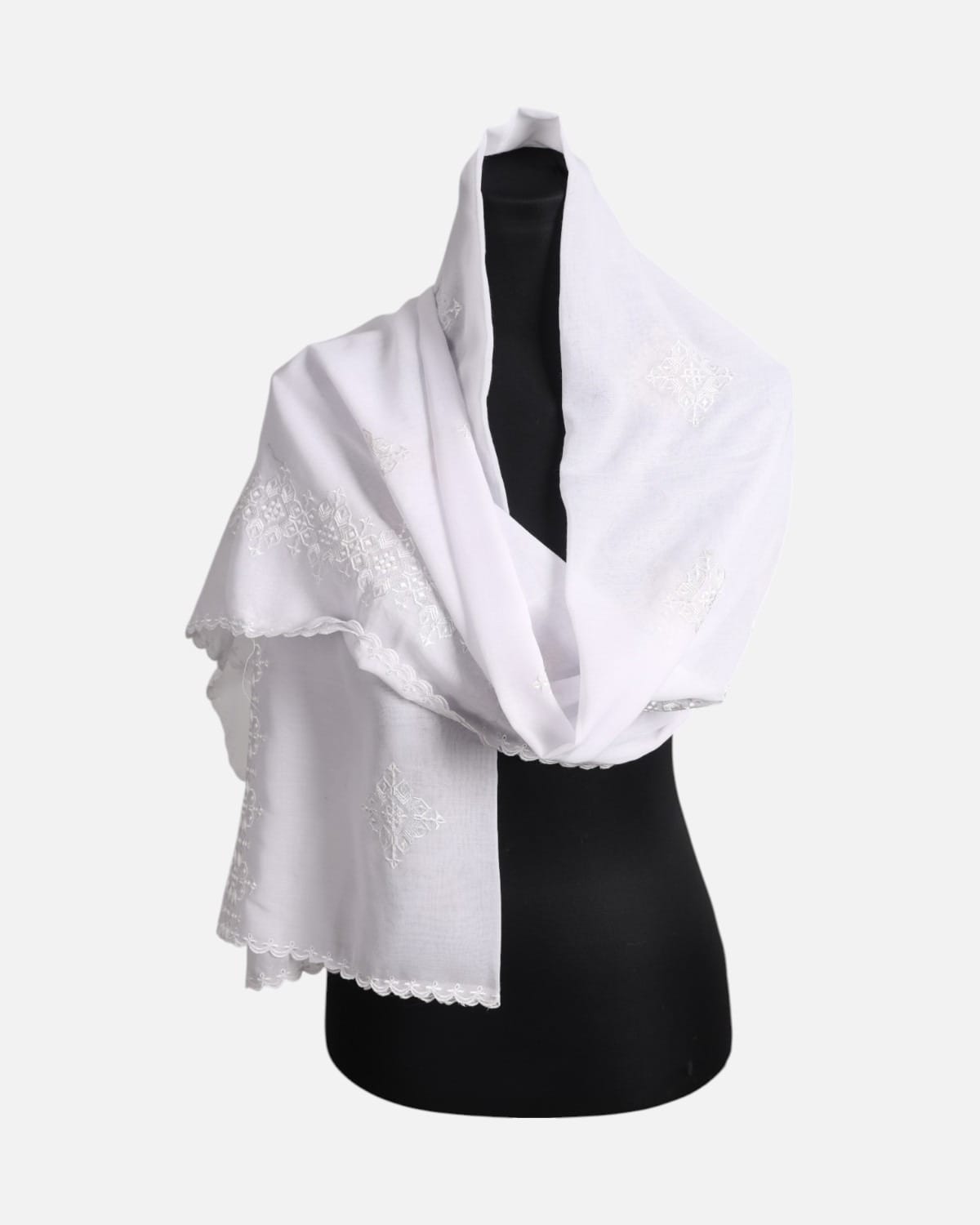 White Floral Embroidered Chiffon Scarf