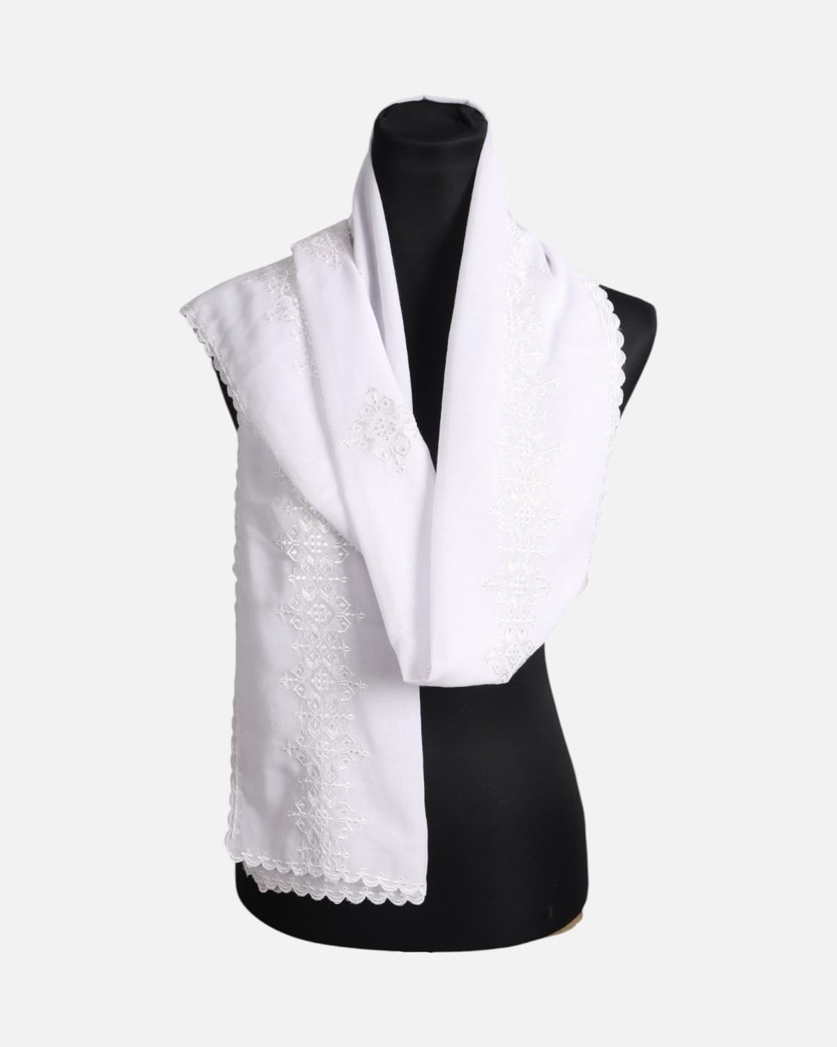 White Floral Embroidered Chiffon Scarf