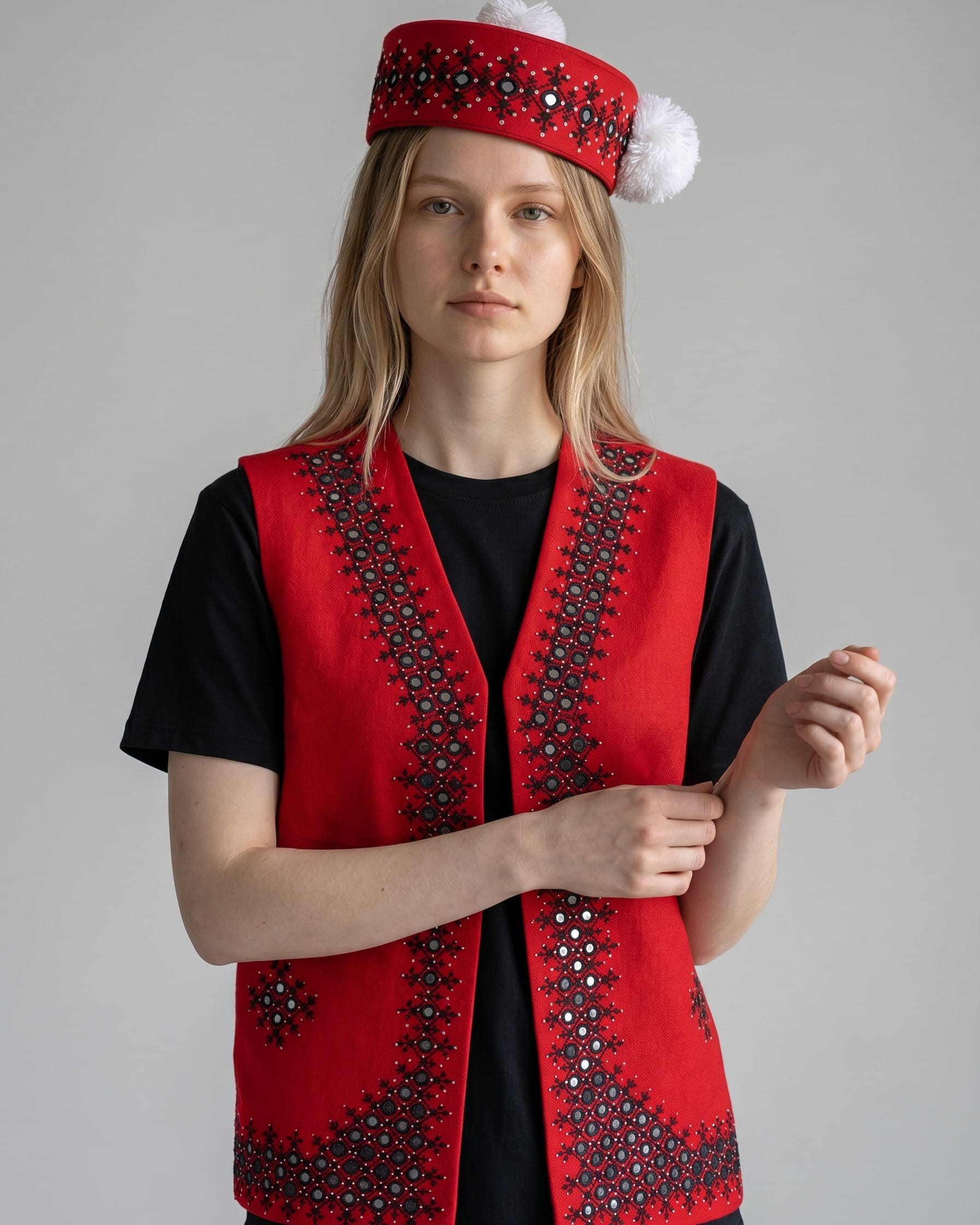 Red Embroidered Vest & Traditional Hat Set