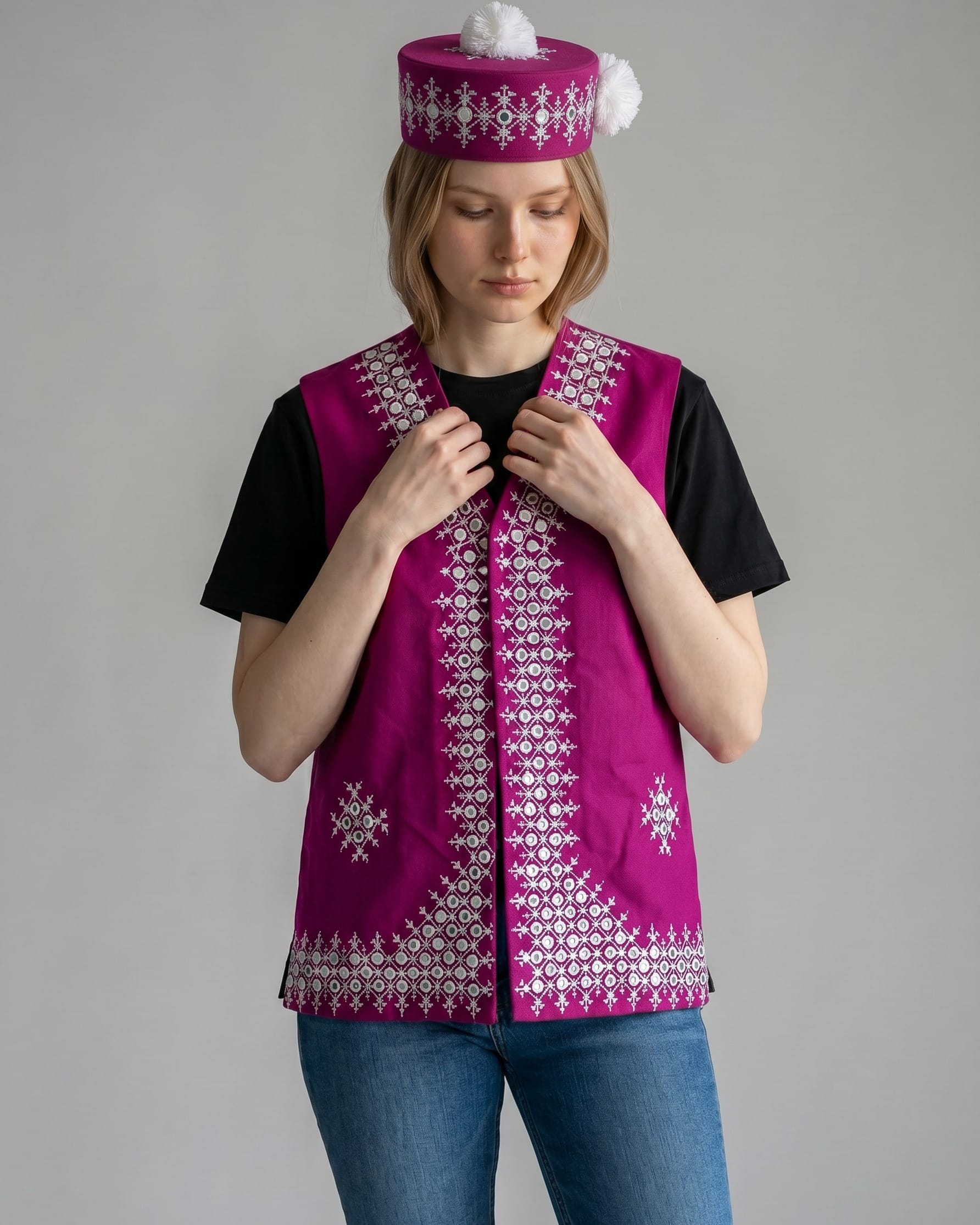 Magenta Embroidered Vest & Hat Set