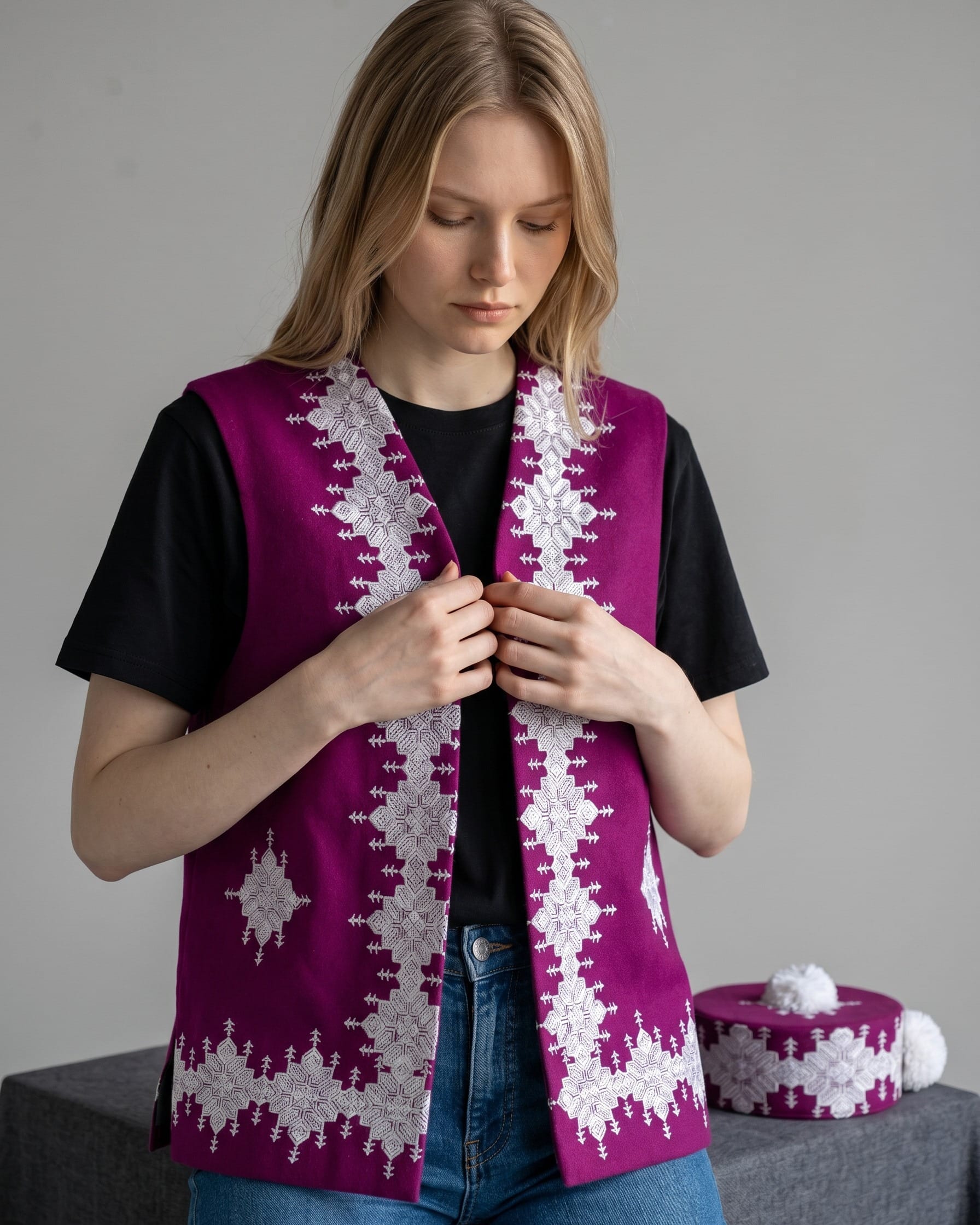 White Embroidered Vest Set with Matching Hat