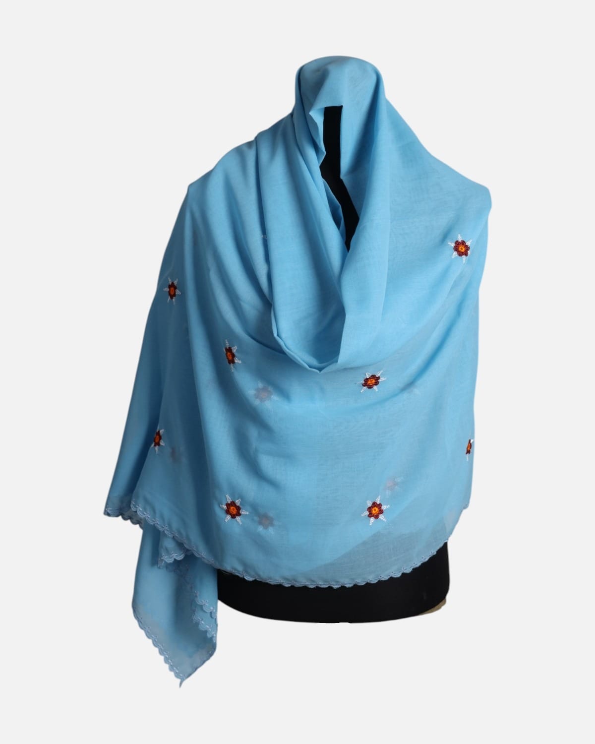Light Blue Floral Embroidered Chiffon Scarf