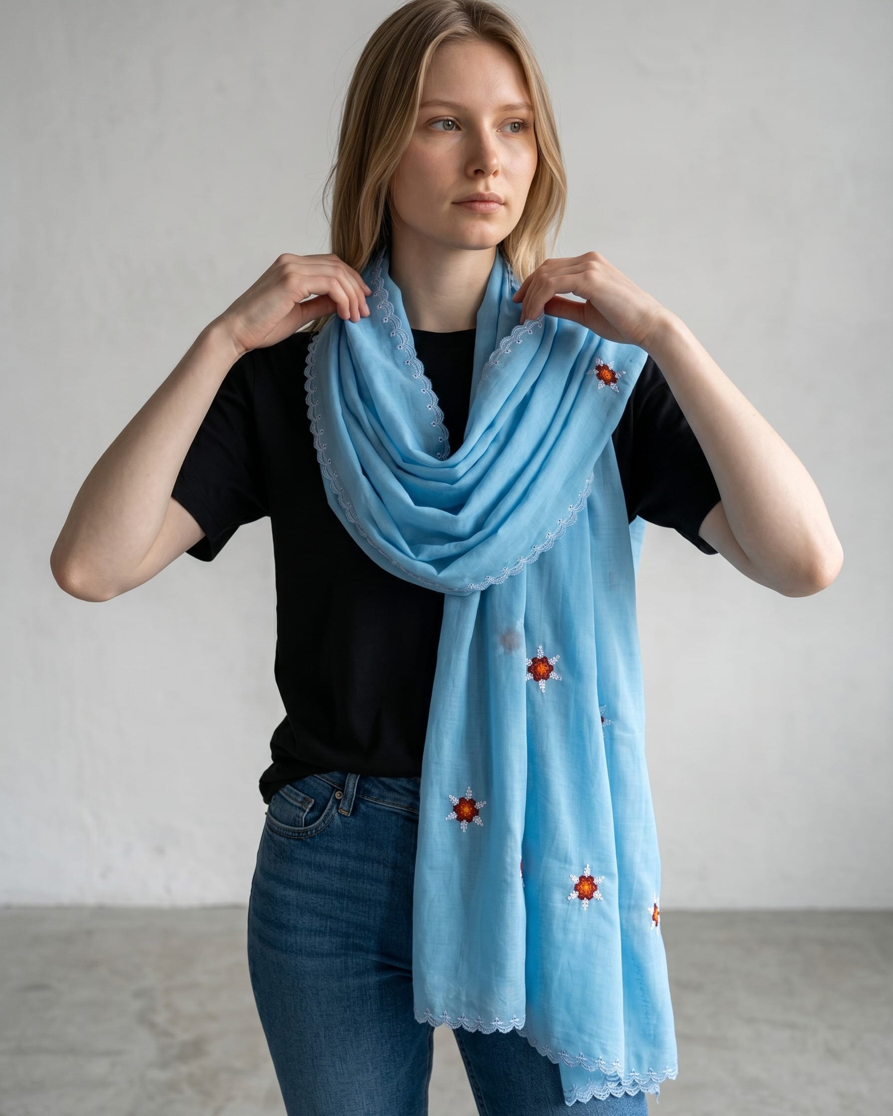 Light Blue Floral Embroidered Chiffon Scarf