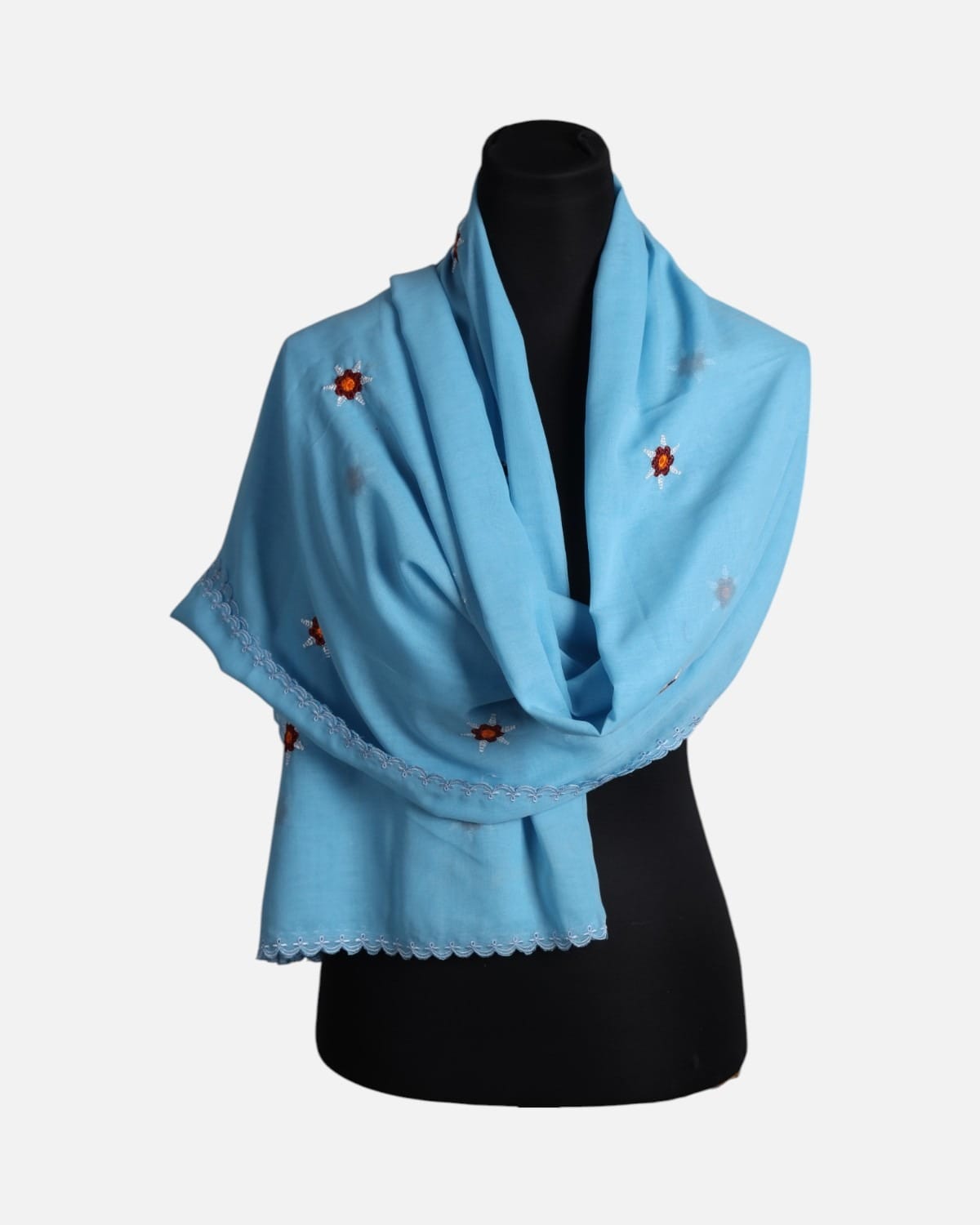 Light Blue Floral Embroidered Chiffon Scarf