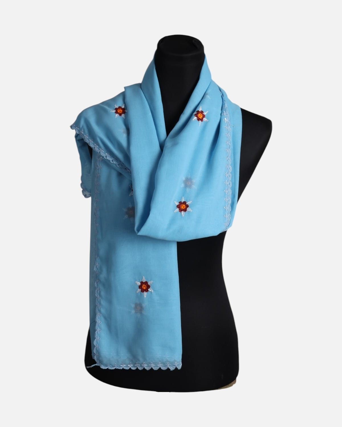 Light Blue Floral Embroidered Chiffon Scarf
