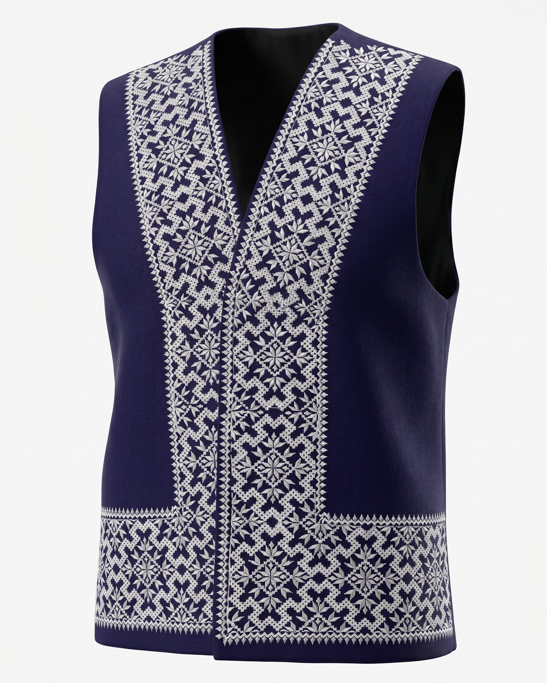 Navy White Embroidered Cultural Vest Set with Matching Hat