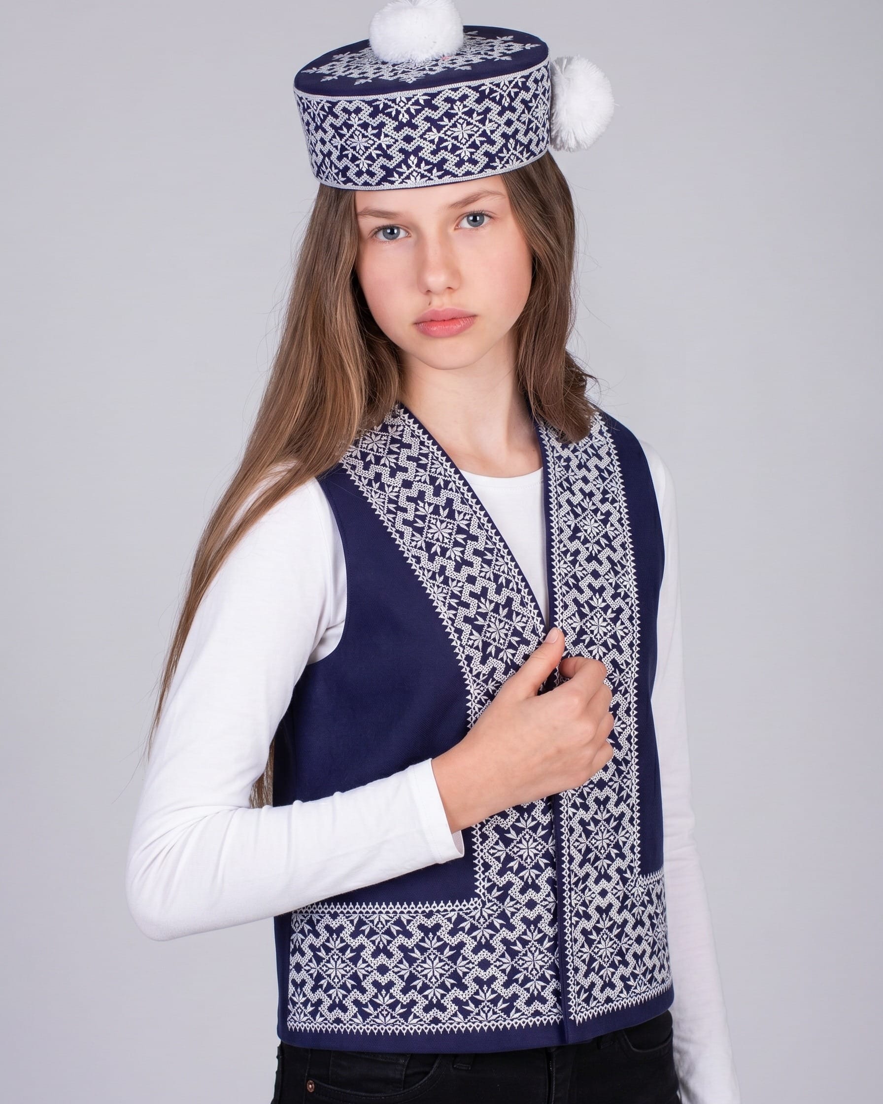 Navy White Embroidered Cultural Vest Set with Matching Hat