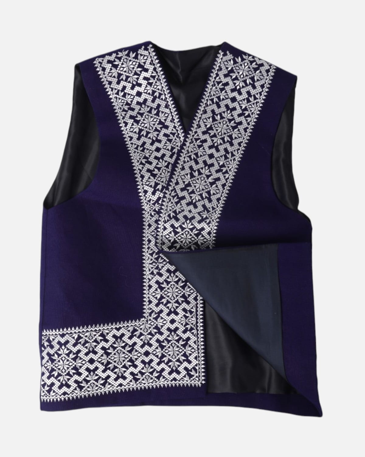 Navy White Embroidered Cultural Vest Set with Matching Hat