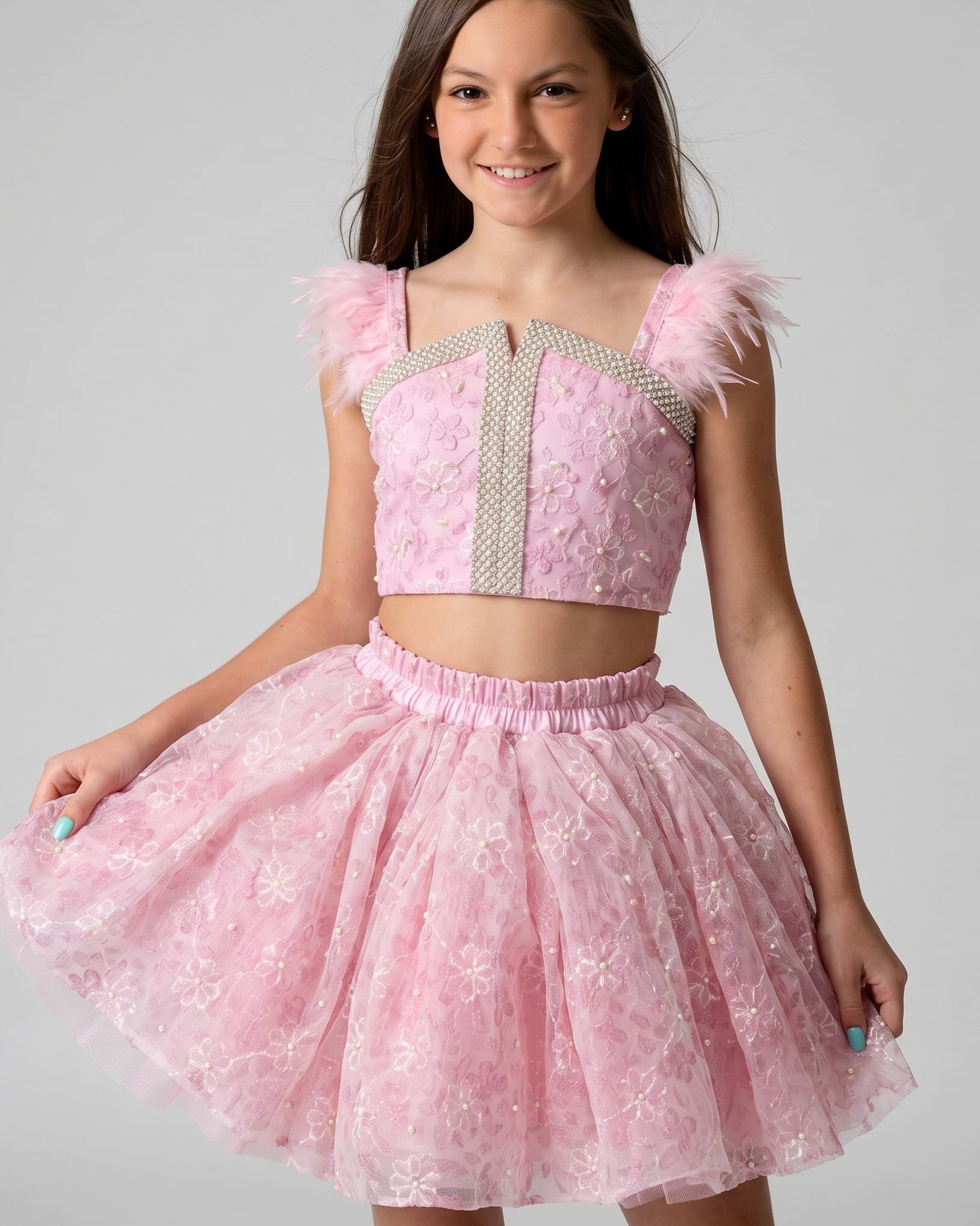 Blush Pink Pearl-Embellished Party Skirt Set for Girls