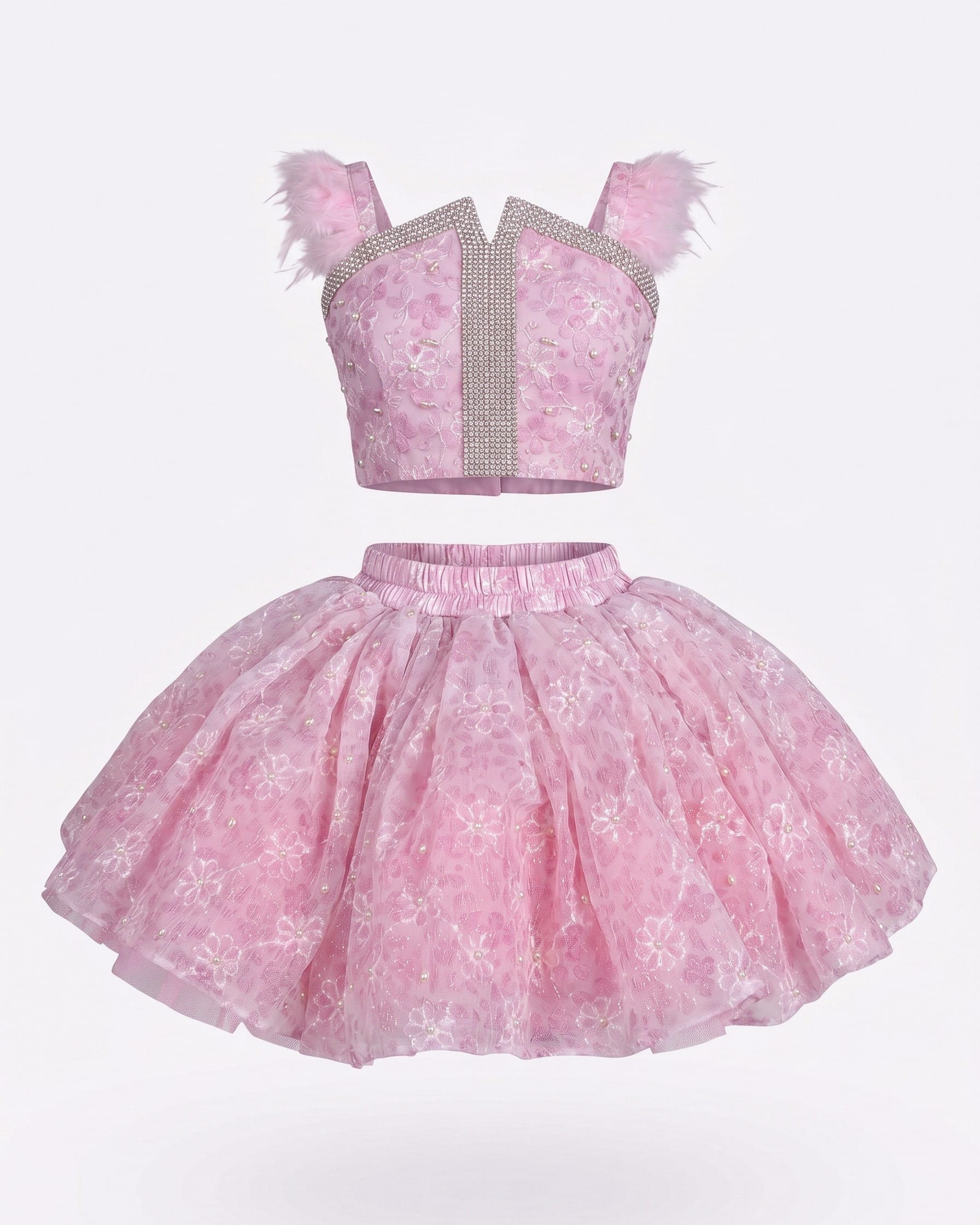 Blush Pink Pearl-Embellished Party Skirt Set for Girls