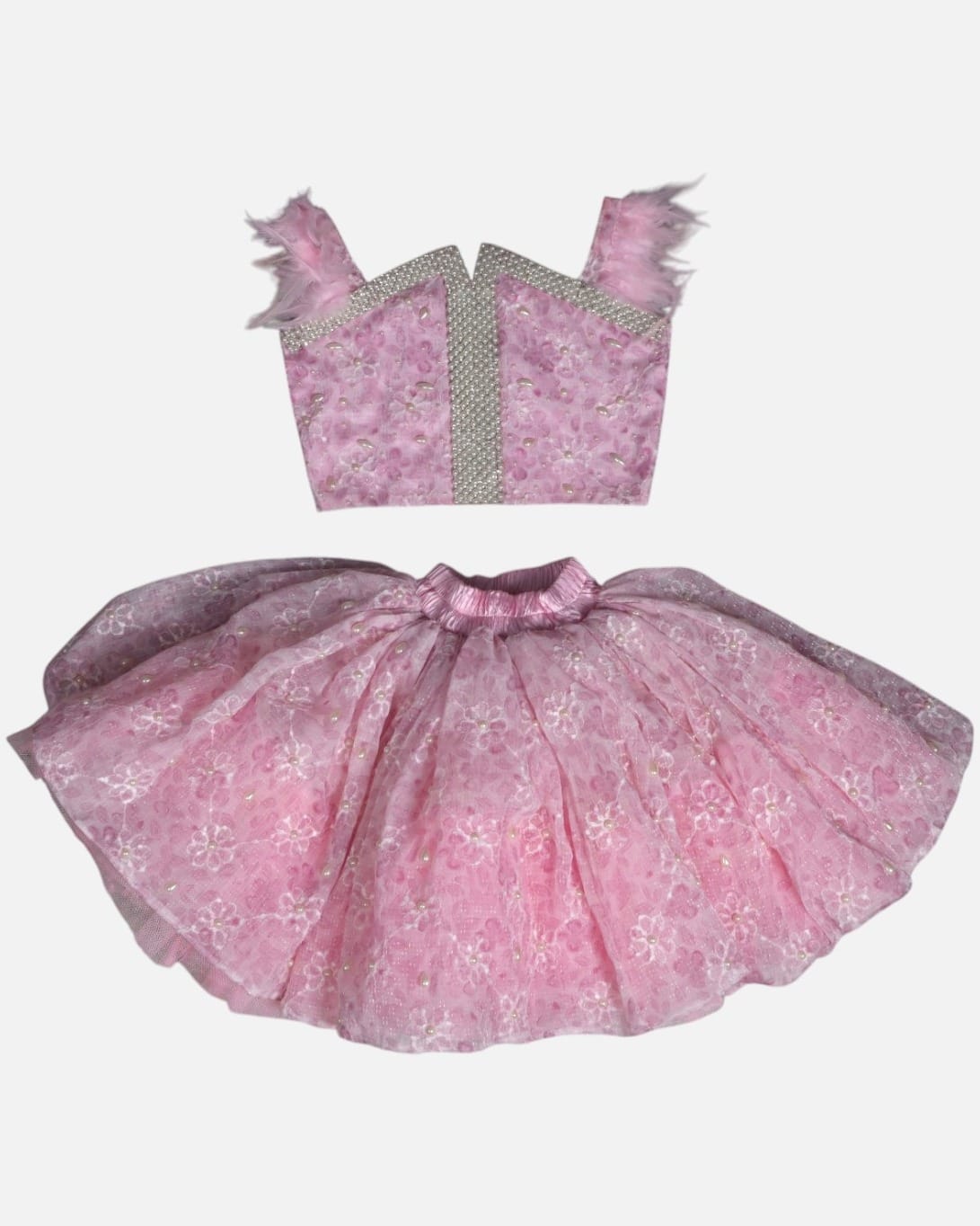Blush Pink Pearl-Embellished Party Skirt Set for Girls