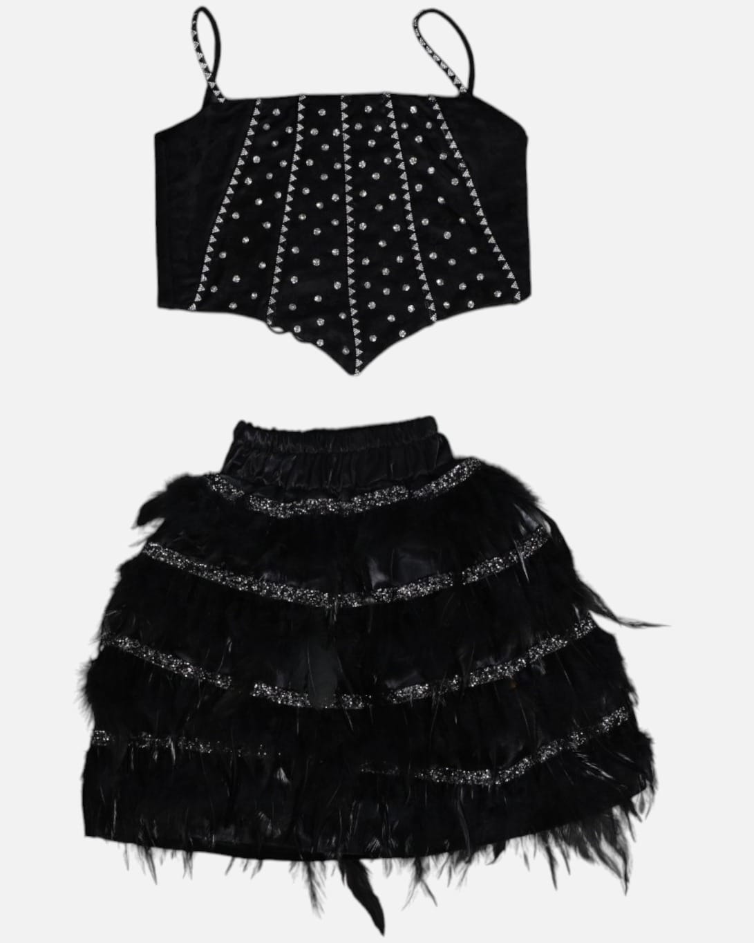 Black Feather Skirt & Embellished Crop Top Set for Girls