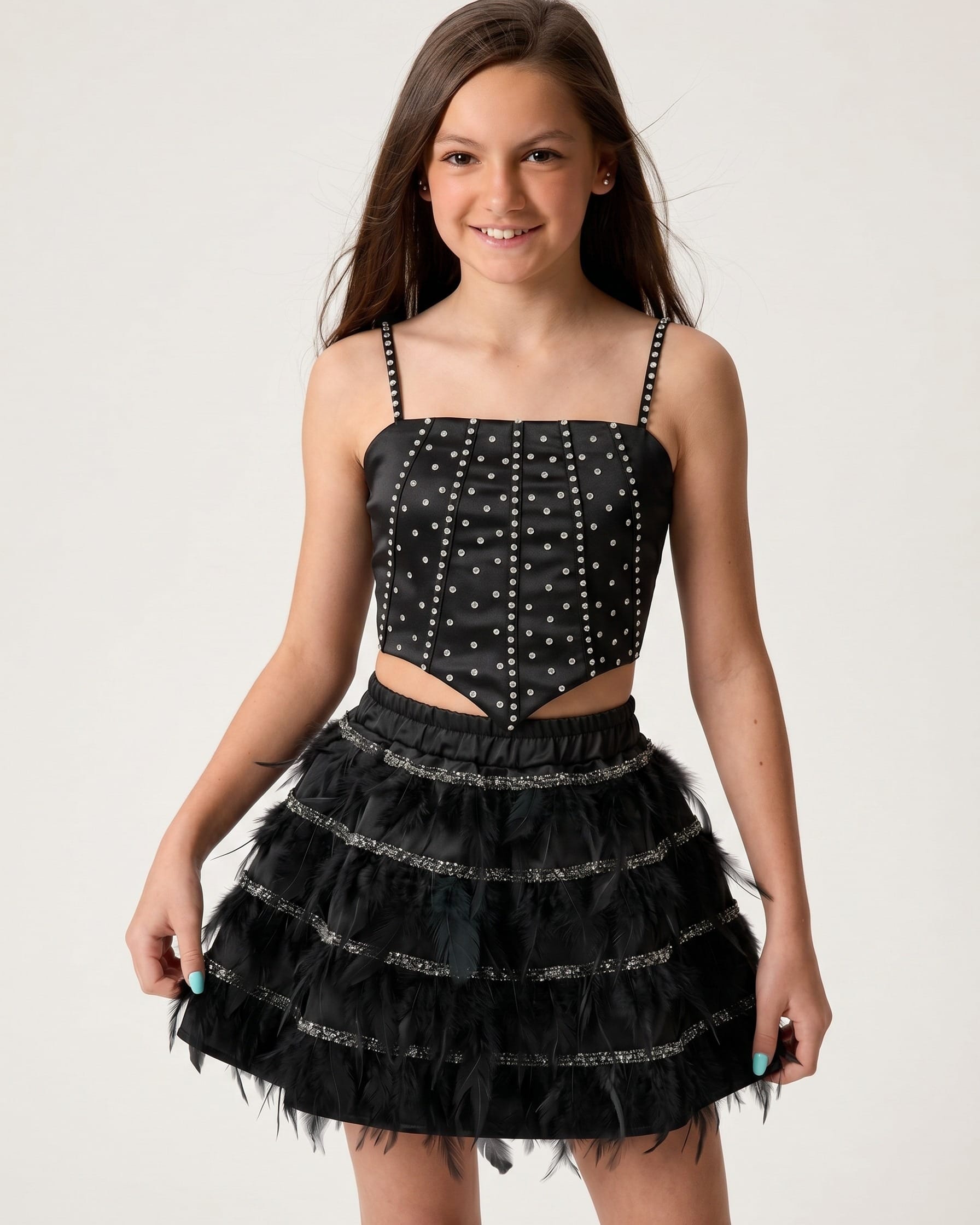 Black Feather Skirt & Embellished Crop Top Set for Girls