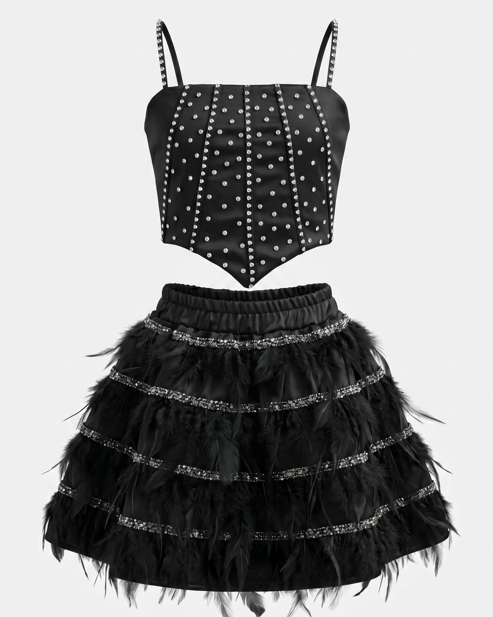 Black Feather Skirt & Embellished Crop Top Set for Girls