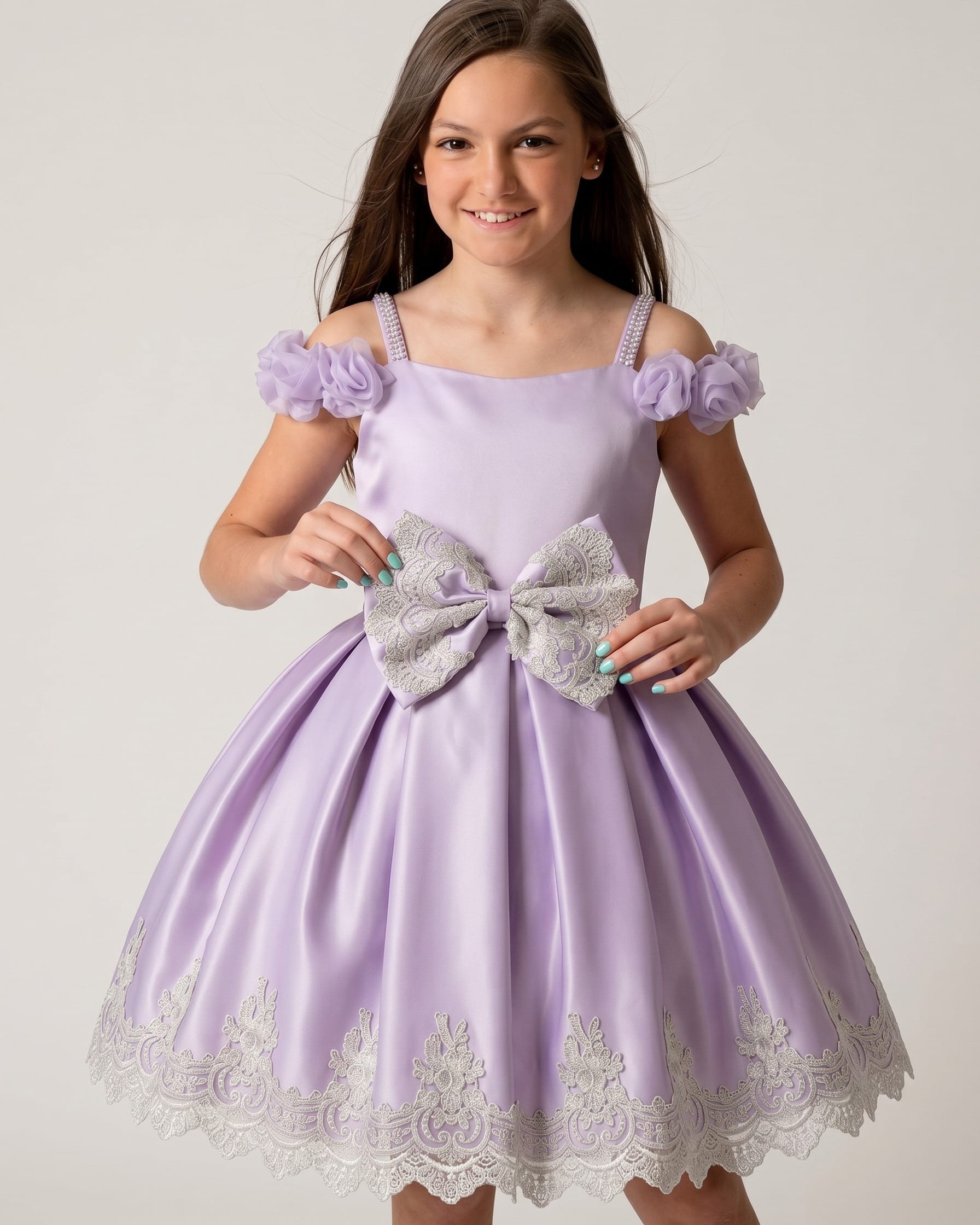 Lavender Satin Princess Dress with Lace Bow