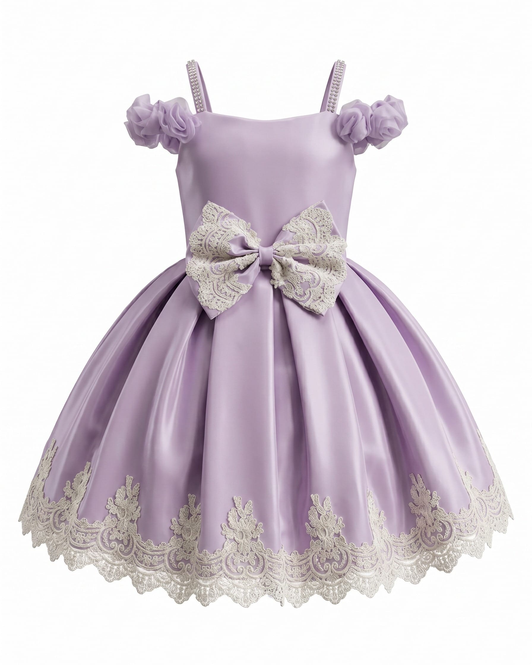 Lavender Satin Princess Dress with Lace Bow