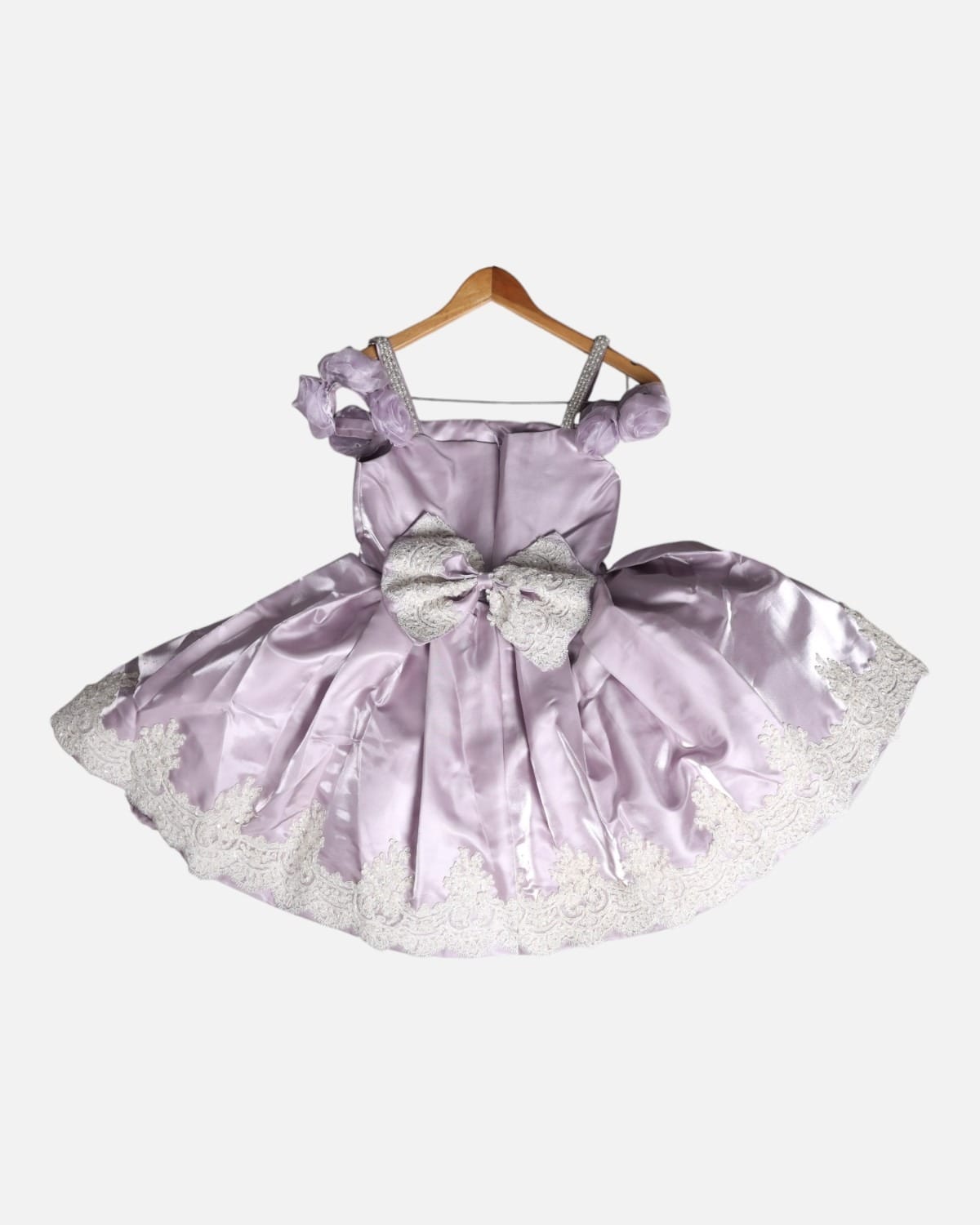 Lavender Satin Princess Dress with Lace Bow