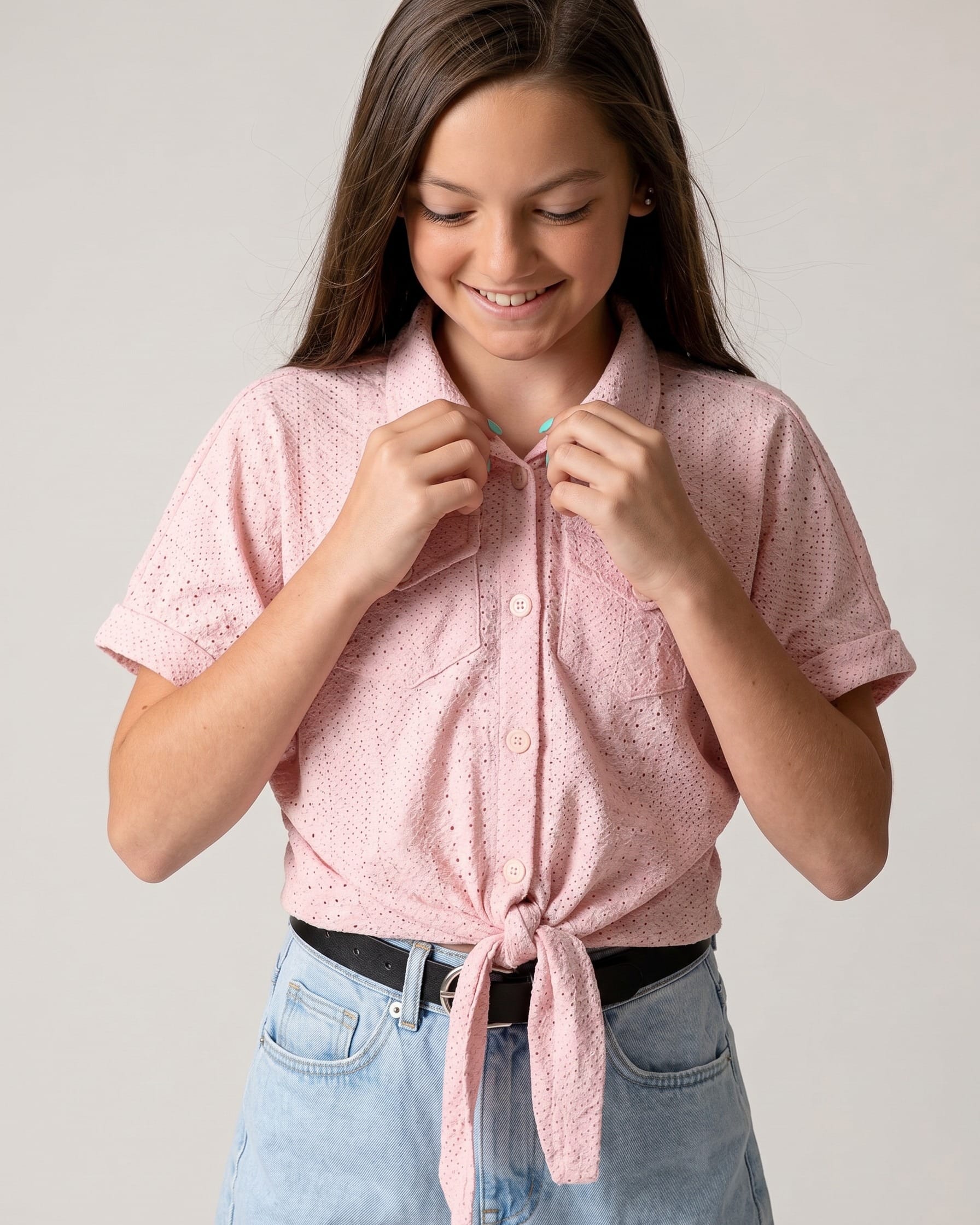 Blush Pink Rhinestone Tie-Front Shirt