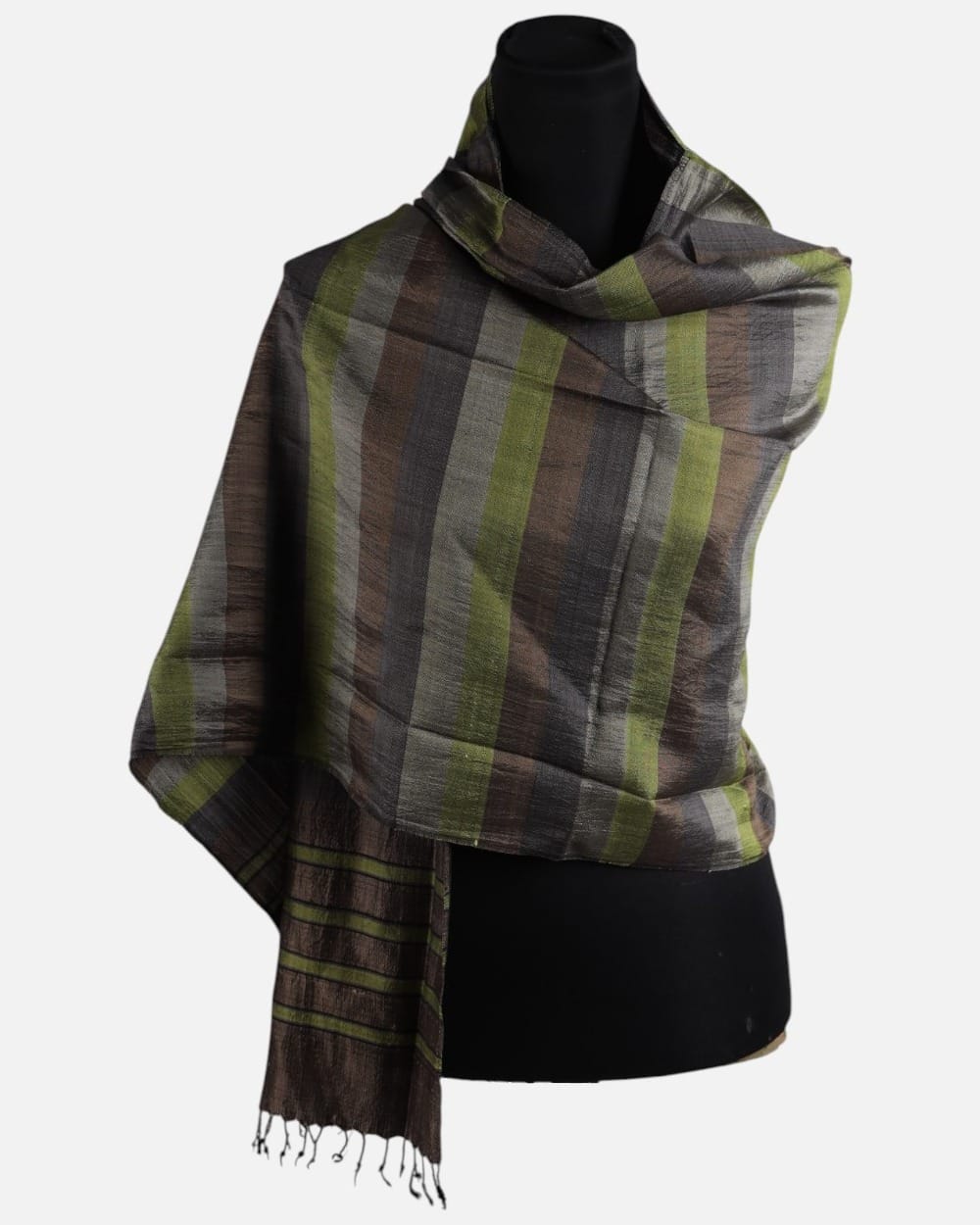 Olive Green, Charcoal Gray and Brown Striped Pure Silk Shawl