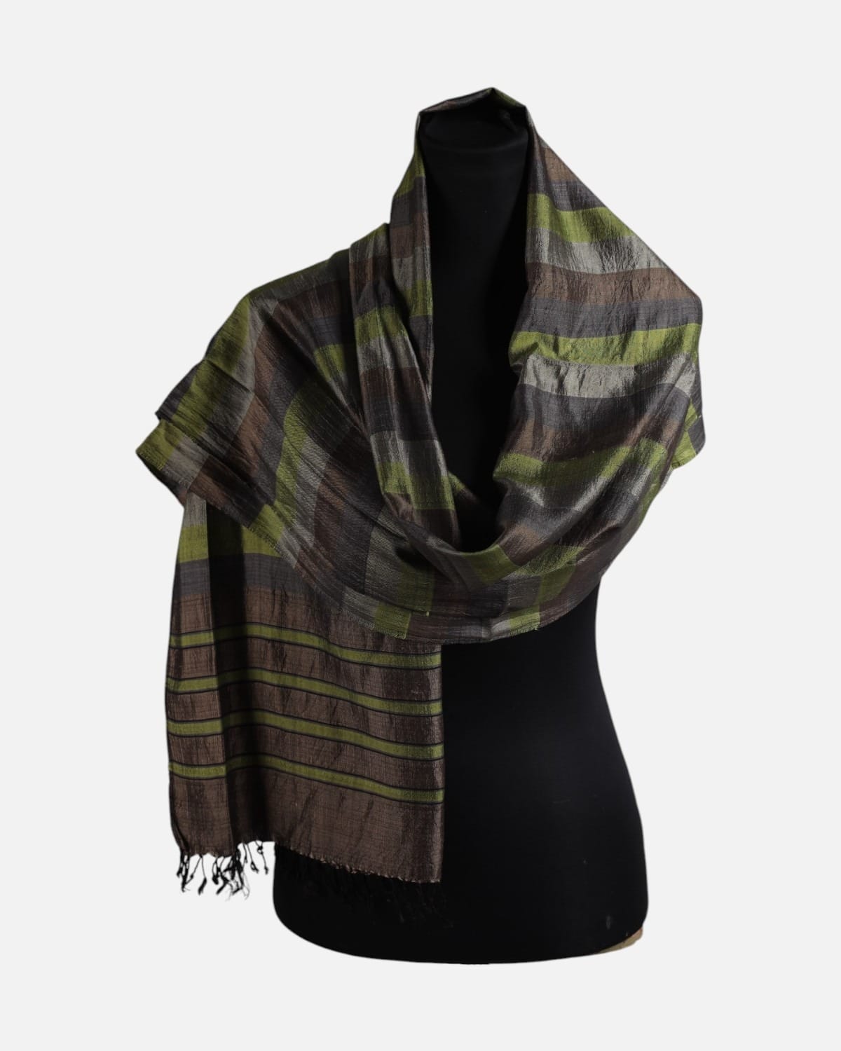 Olive Green, Charcoal Gray and Brown Striped Pure Silk Shawl