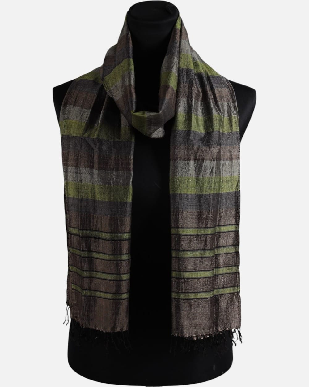 Olive Green, Charcoal Gray and Brown Striped Pure Silk Shawl