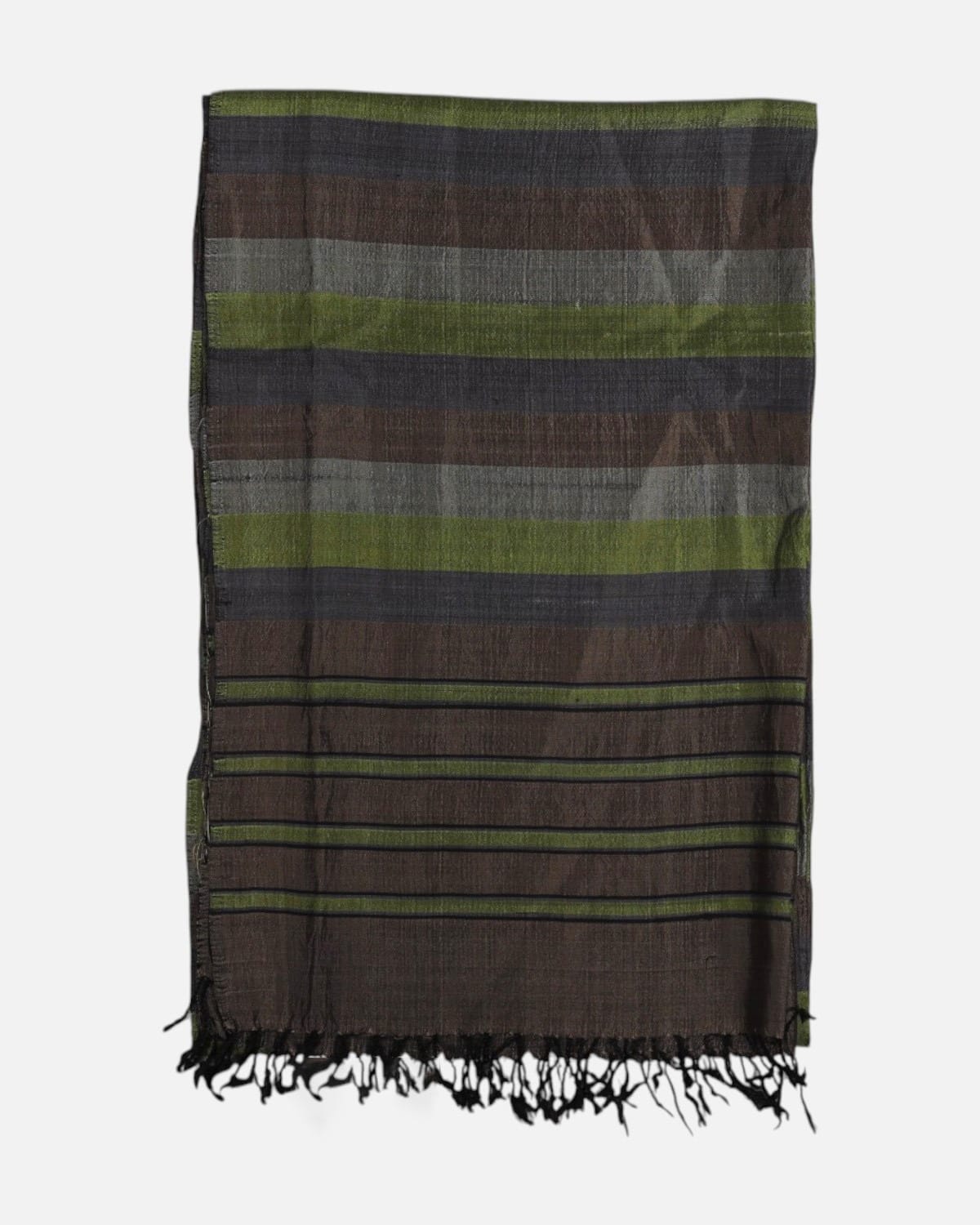 Olive Green, Charcoal Gray and Brown Striped Pure Silk Shawl
