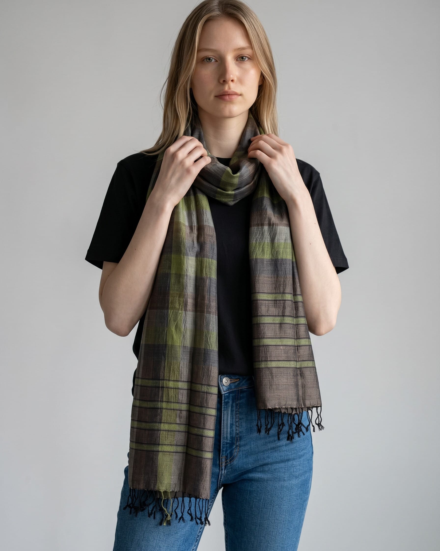 Olive Green, Charcoal Gray and Brown Striped Pure Silk Shawl