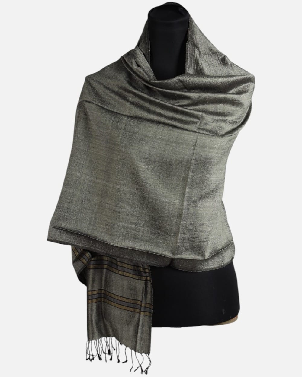 Silver Gray Pure Silk Shawl with Brown Border Stripes