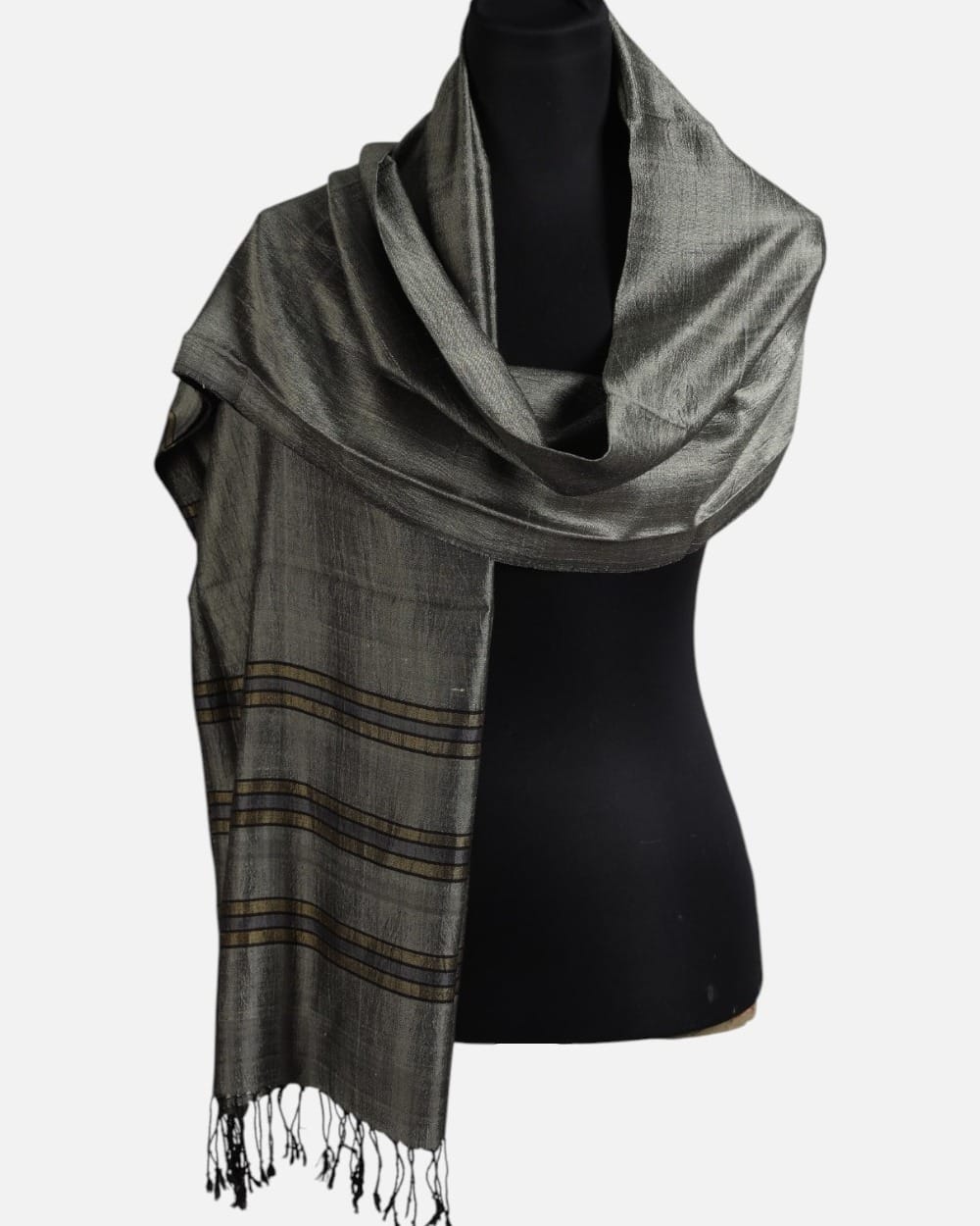 Silver Gray Pure Silk Shawl with Brown Border Stripes