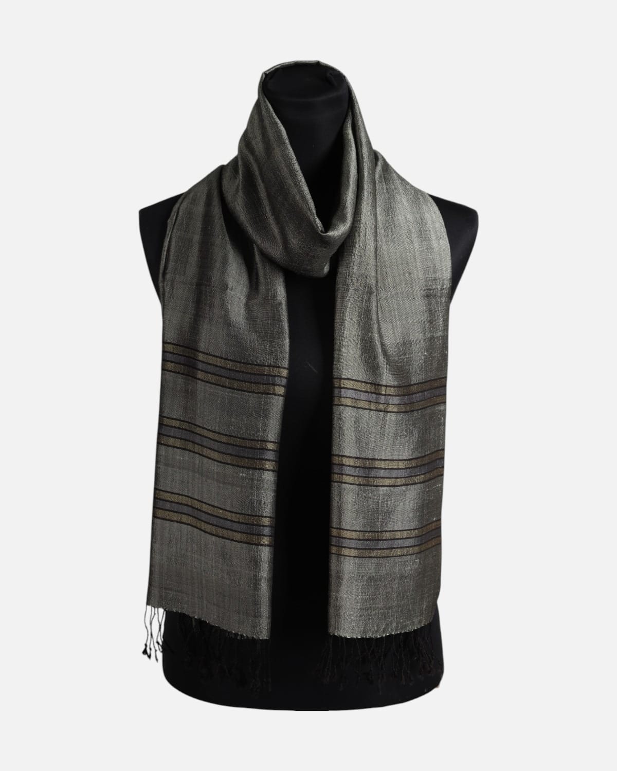 Silver Gray Pure Silk Shawl with Brown Border Stripes