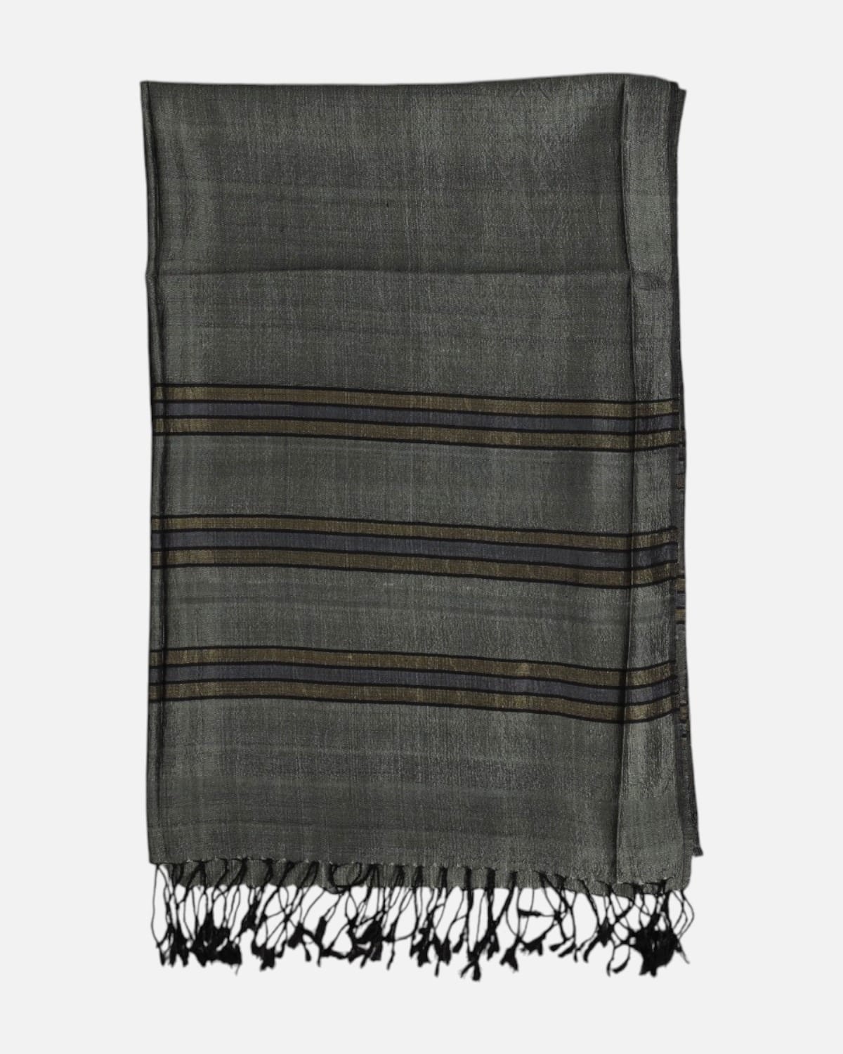 Silver Gray Pure Silk Shawl with Brown Border Stripes