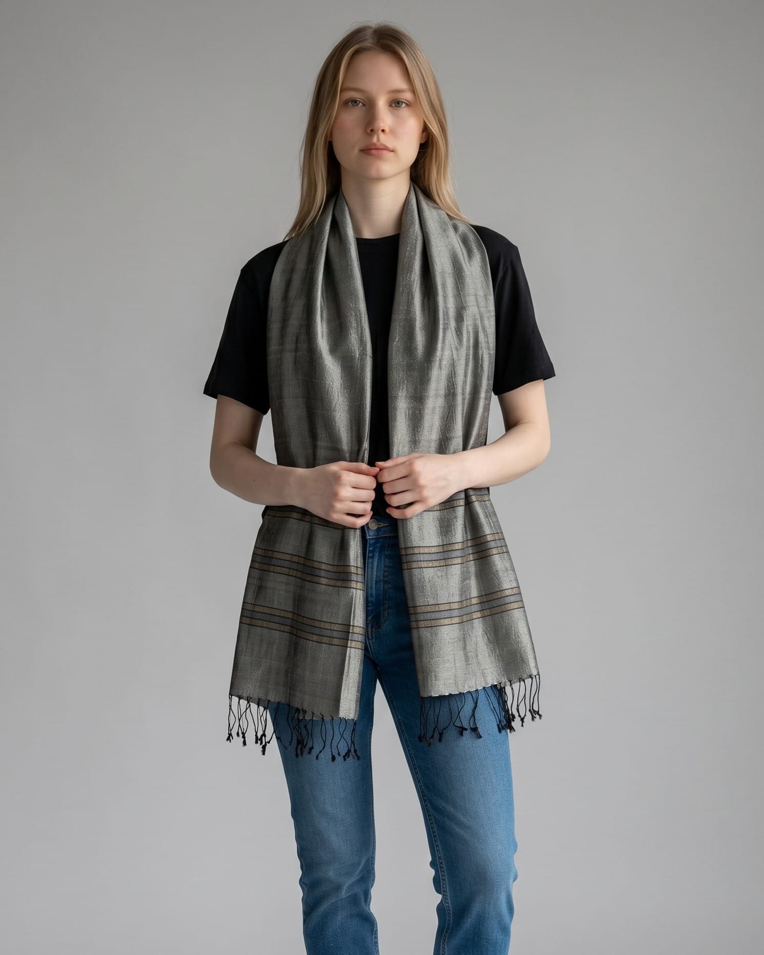 Silver Gray Pure Silk Shawl with Brown Border Stripes