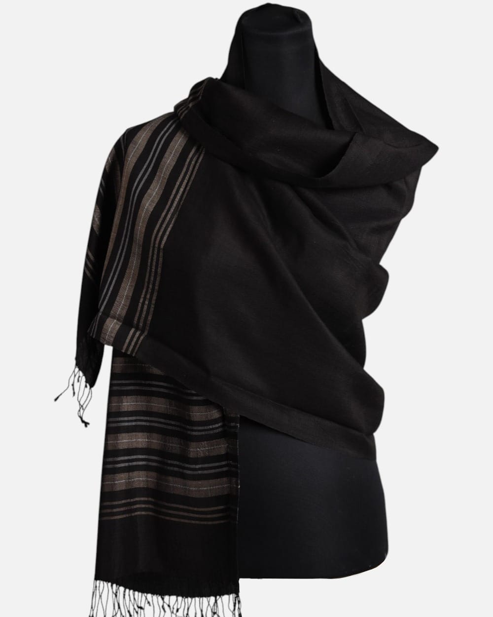 Black Pure Silk Shawl with Taupe Border Stripes