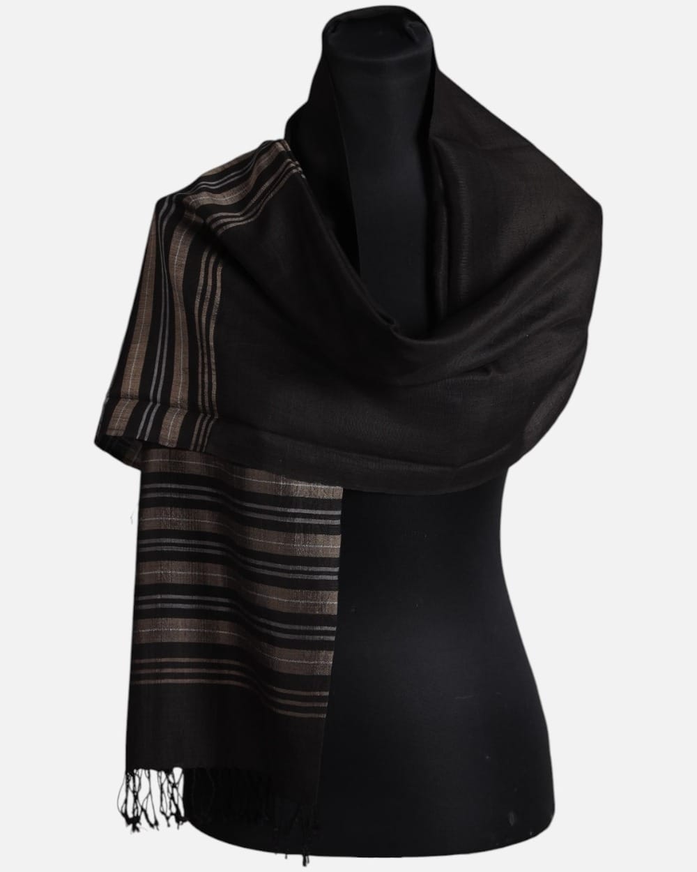Black Pure Silk Shawl with Taupe Border Stripes