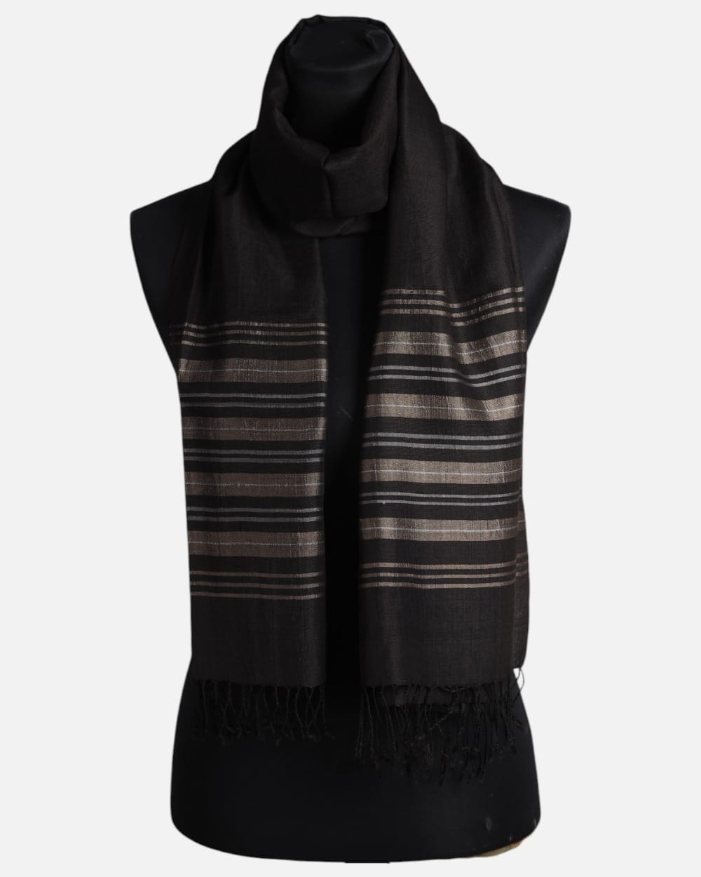 Black Pure Silk Shawl with Taupe Border Stripes